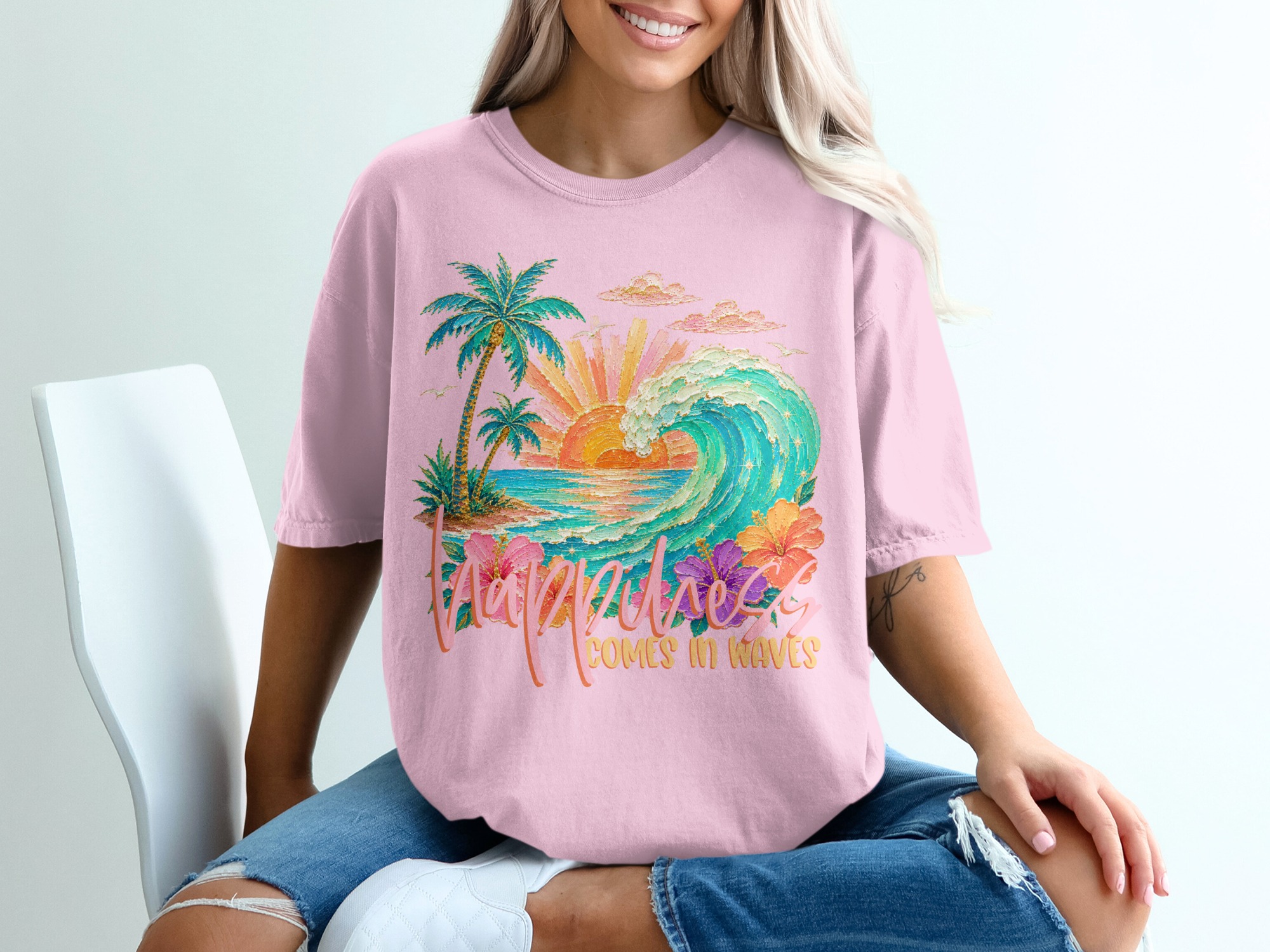 Happiness Comes in Waves T-Shirt, Tropical Beach Vacation Tee, Faux Glitter Print Ocean Wave Design, Palm Tree Sunset, Coastal Boho Summer - Image 17