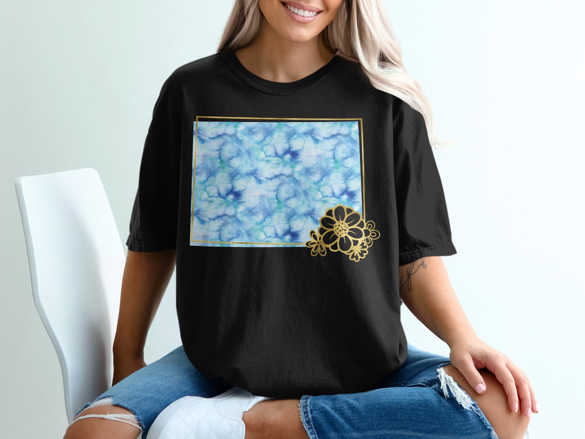 Watercolor Faux Gold Floral T-Shirt, Boho Blue Ombre Tee, Artistic Nature Lover Top, Elegant Flower Shirt, Trendy Unique Gift for Her - Image 5