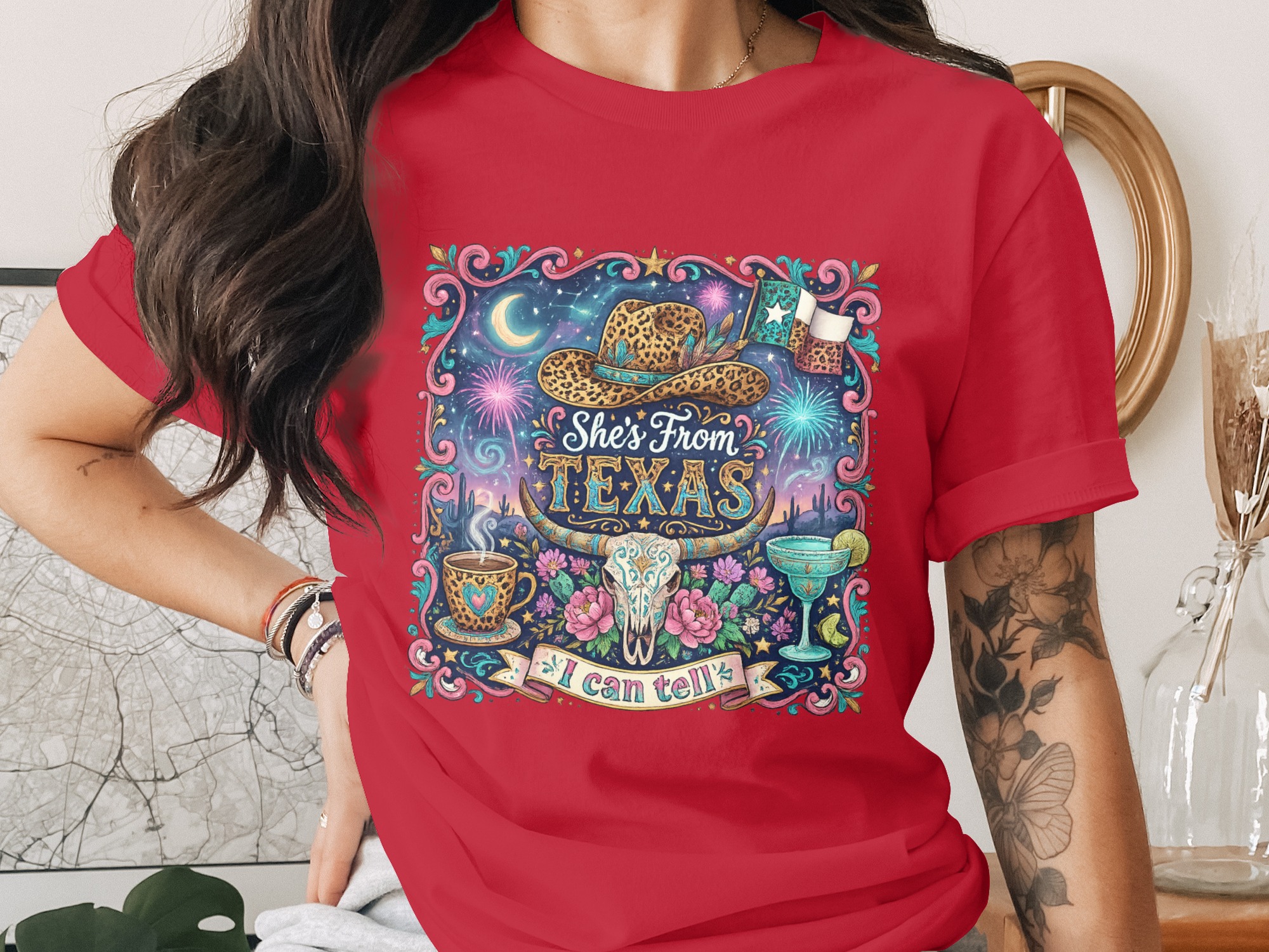 She's From Texas T-Shirt, Western Boho Cowgirl Tee, Texas Pride Gift for Her, Leopard Print Cowboy Hat Longhorn Skull Desert Shirt - Image 4