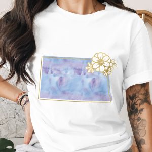 Dreamy Watercolor Floral T-Shirt, Faux Gold Daisy Frame Tee, Aesthetic Boho Spring Shirt, Soft Purple Blue Flower Lover Gift For Her