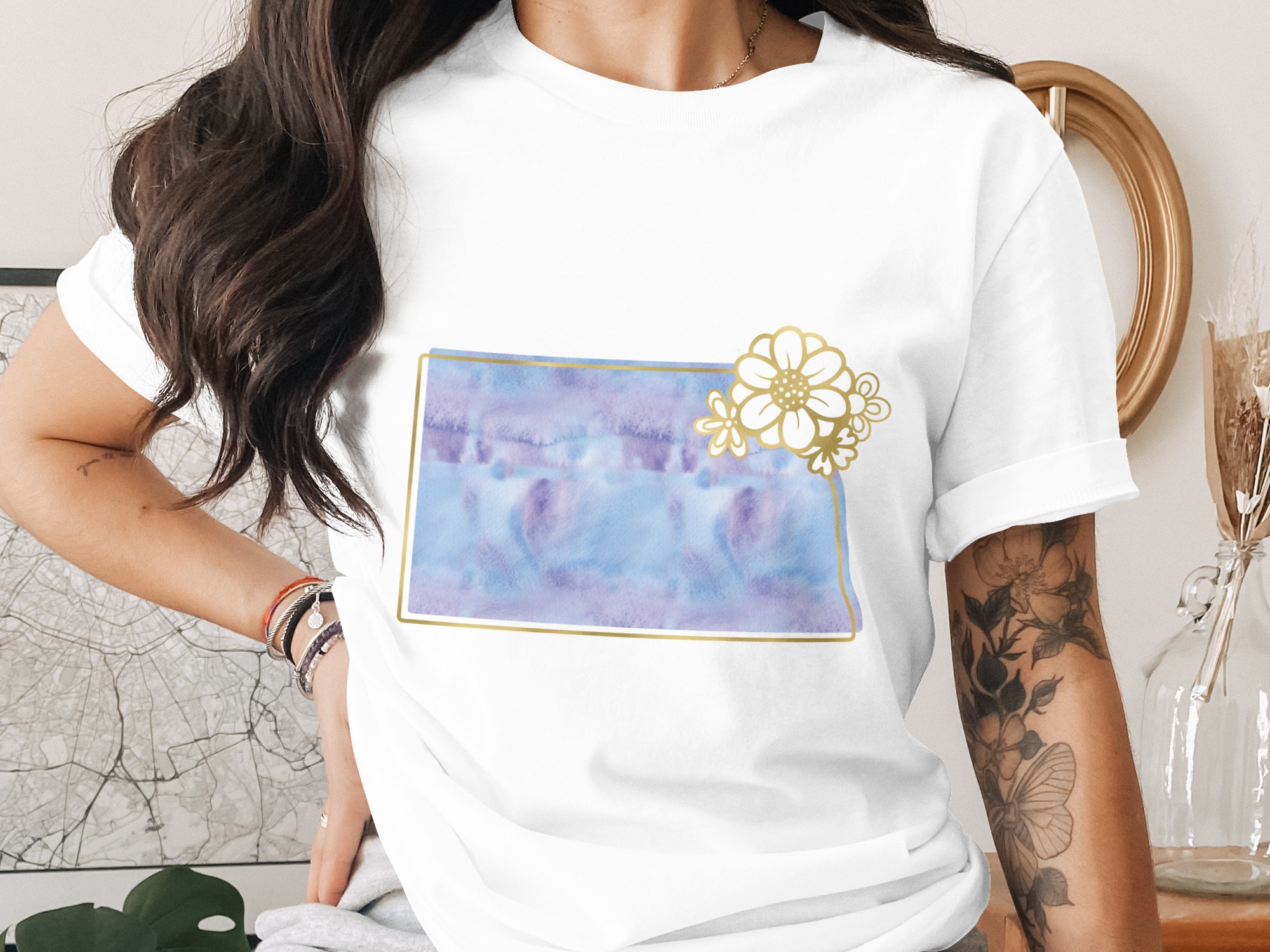 Dreamy Watercolor Floral T-Shirt, Faux Gold Daisy Frame Tee, Aesthetic Boho Spring Shirt, Soft Purple Blue Flower Lover Gift For Her