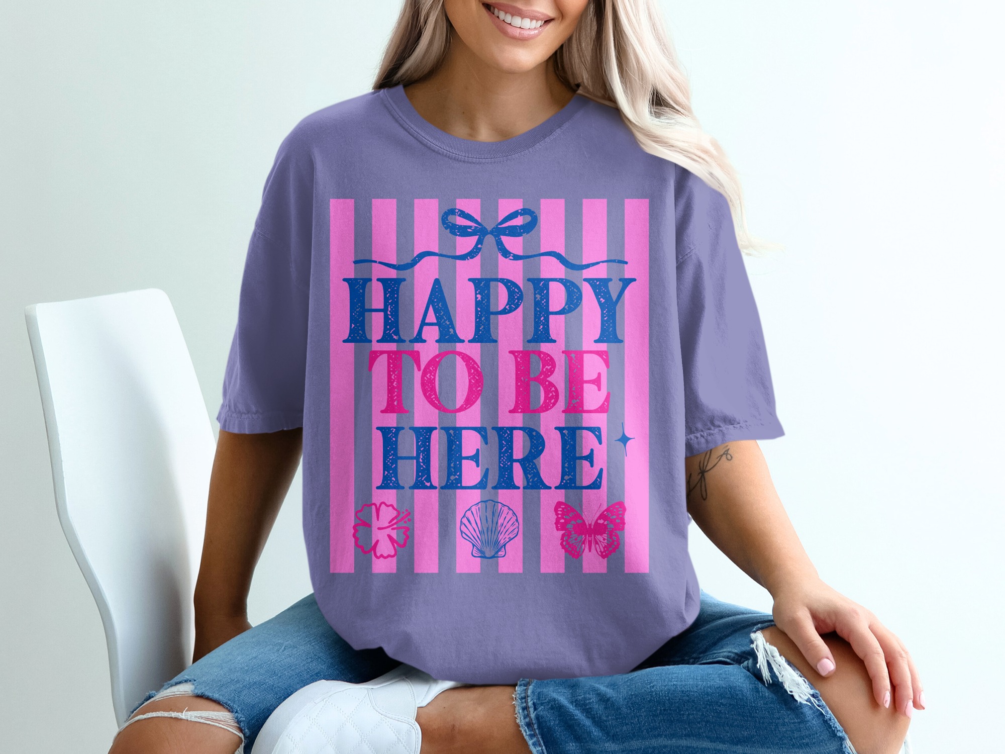 Happy To Be Here T-shirt | Barbiecore Aesthetic Tee | Pink & Blue Summer Vacation Shirt | Positive Vibes Travel Tee Gift for Her - Image 13