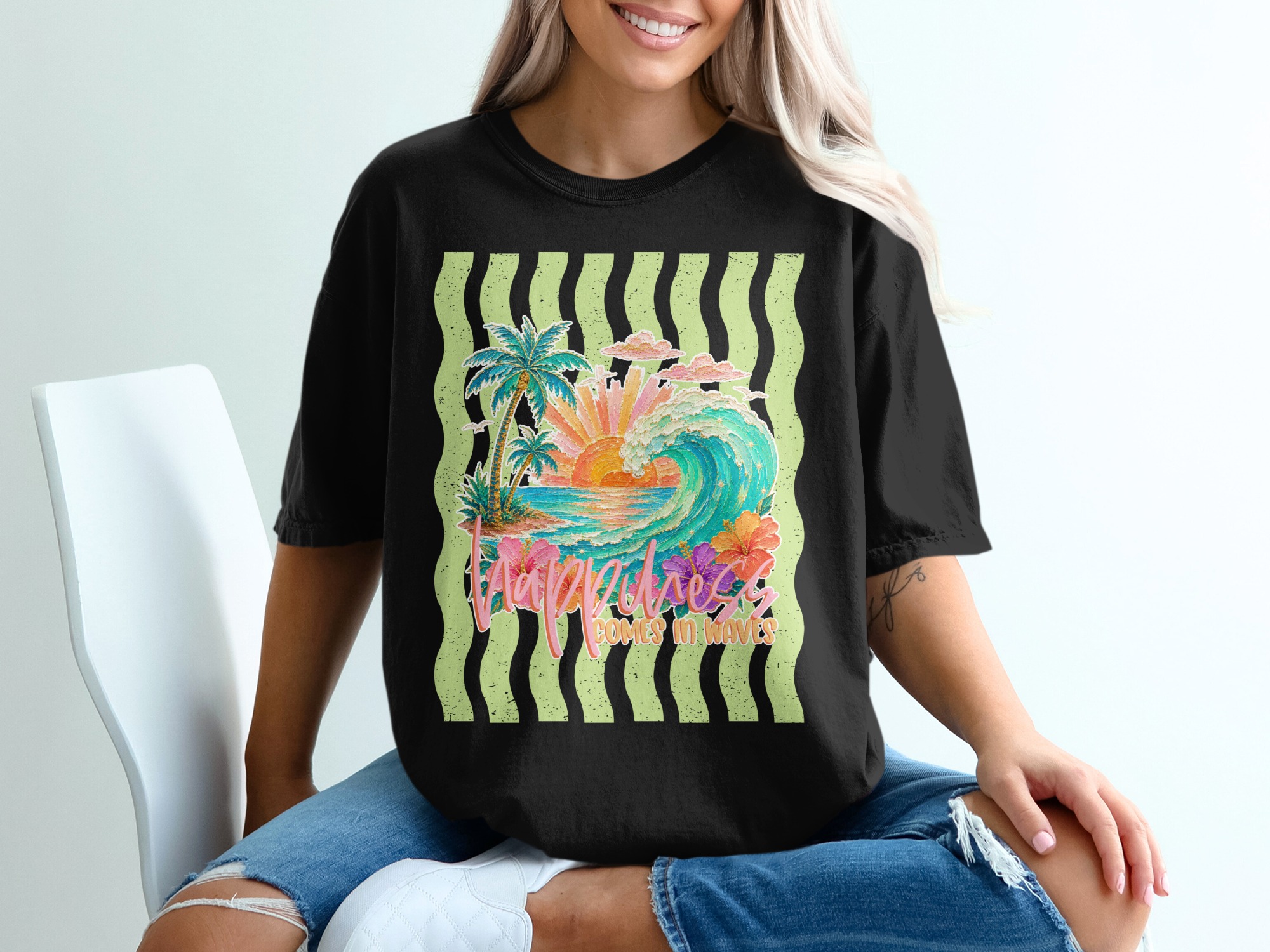 Comfort Colors® Happiness Comes In Waves T-Shirt, Coastal Beach Tee, Tropical Sunset Wave, Summer Vacation Shirt, Surfer Gift For Her - Image 6