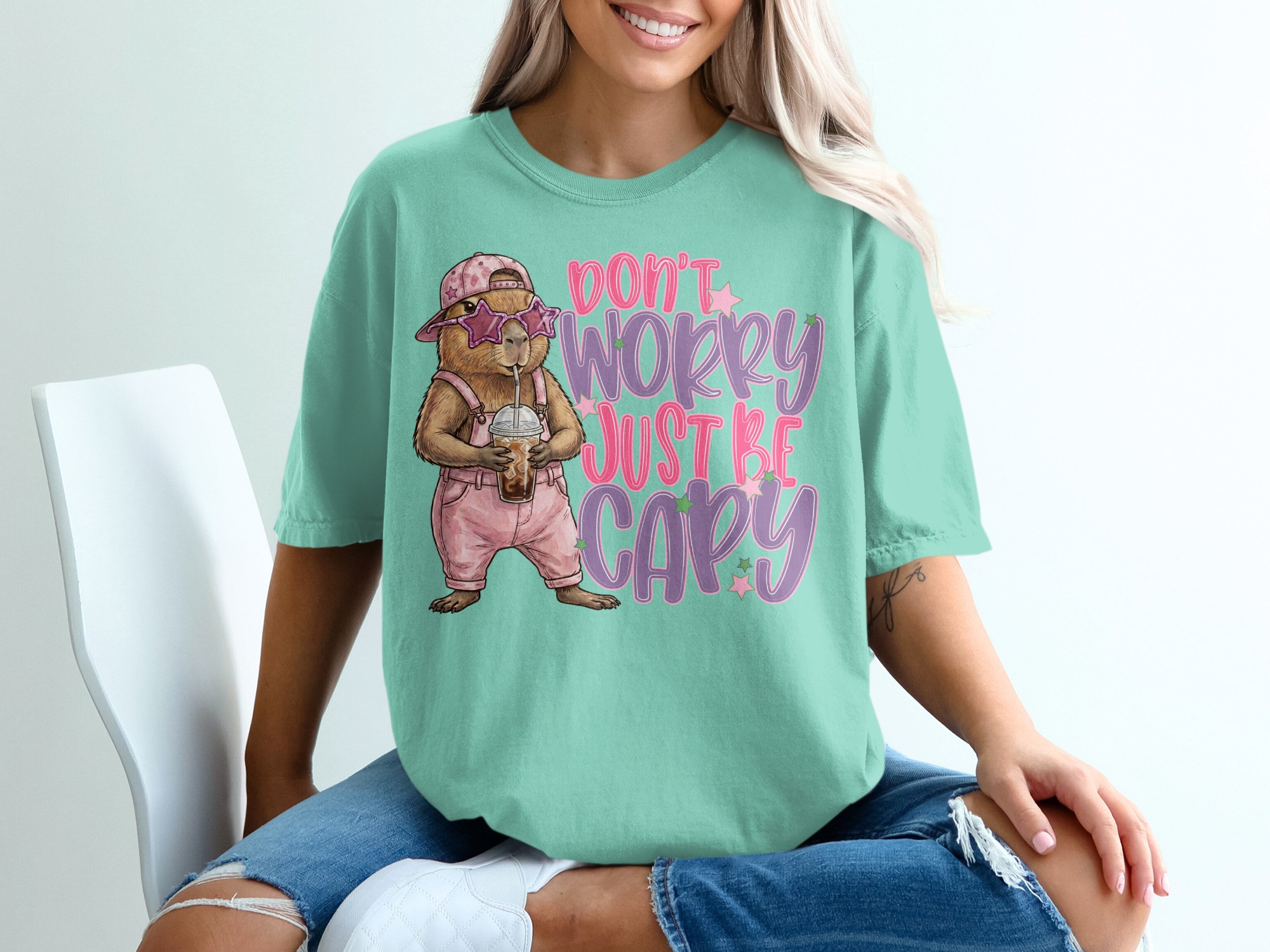 Don't Worry Just Be Capy T-Shirt, Cute Capybara Shirt, Chill Animal Tee, Iced Coffee Lover Gift, Trendy Positive Vibe Apparel - Image 10