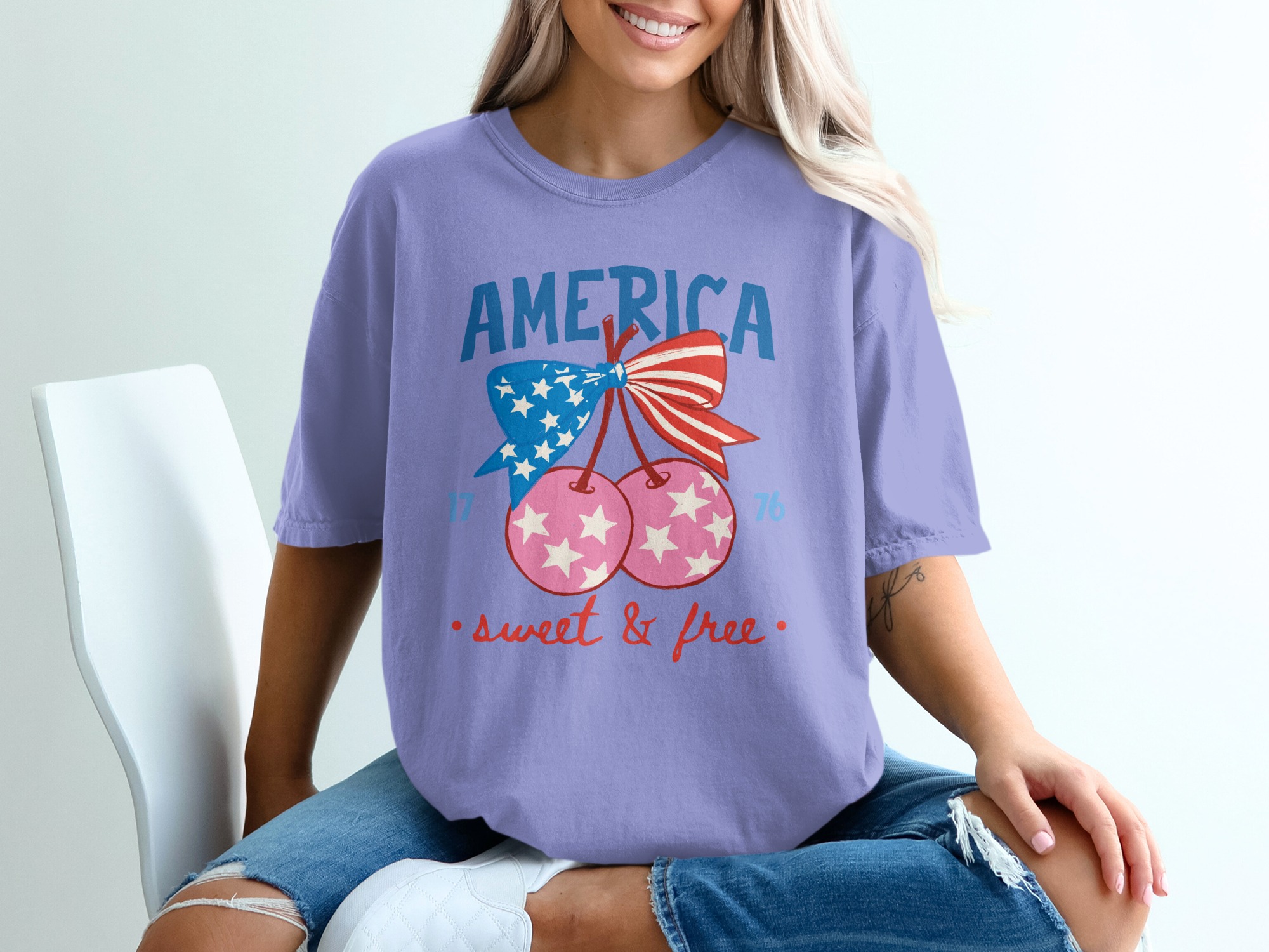 America Sweet & Free T-Shirt, Patriotic Cherry Bow Tee, Fourth of July Vintage Style Shirt, USA Flag Summer Graphic Tee Gift for Her - Image 18