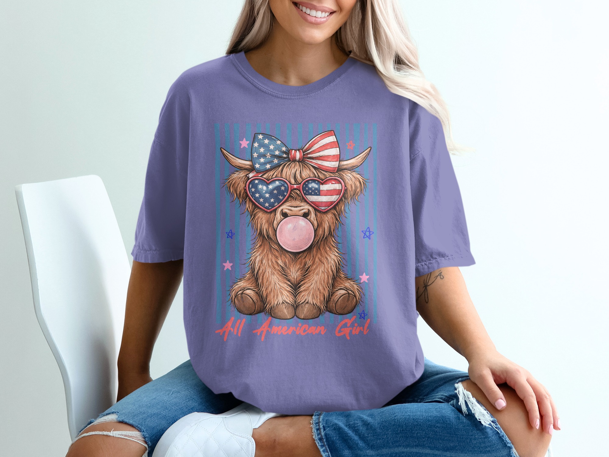 Comfort Colors® Highland Cow T-Shirt, All American Girl Patriotic Summer Tee, Cute 4th of July Western Cowgirl Gift for Her. - Image 13