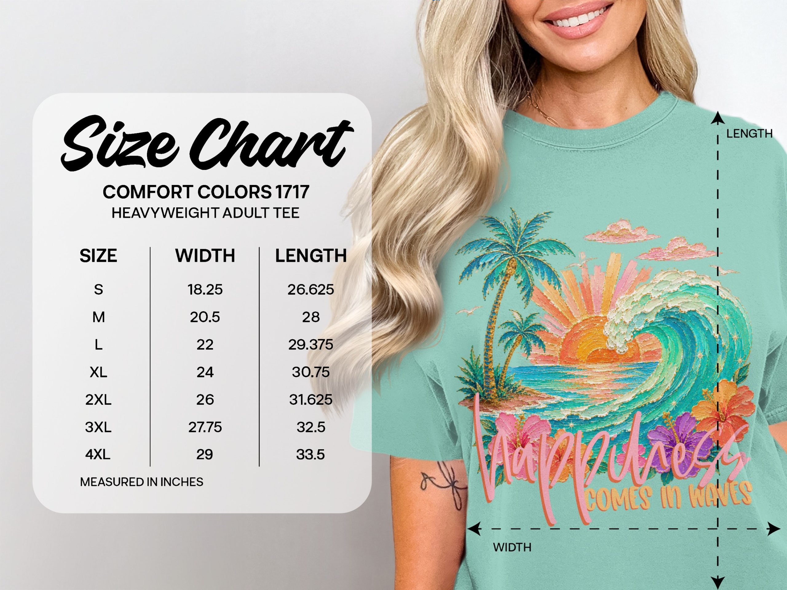 Happiness Comes in Waves T-Shirt, Tropical Beach Vacation Tee, Faux Glitter Print Ocean Wave Design, Palm Tree Sunset, Coastal Boho Summer - Image 6