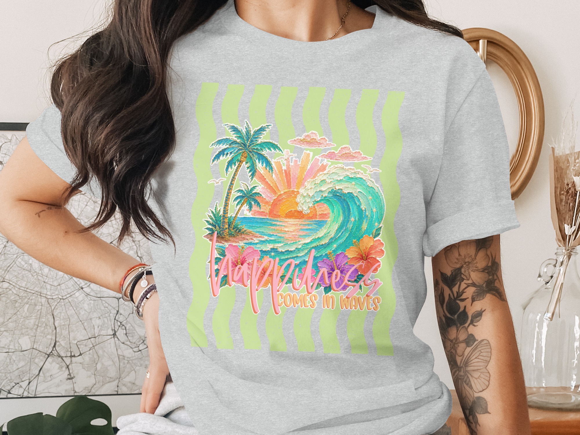 Comfort Colors® Happiness Comes In Waves T-Shirt, Coastal Beach Tee, Tropical Sunset Wave, Summer Vacation Shirt, Surfer Gift For Her - Image 2