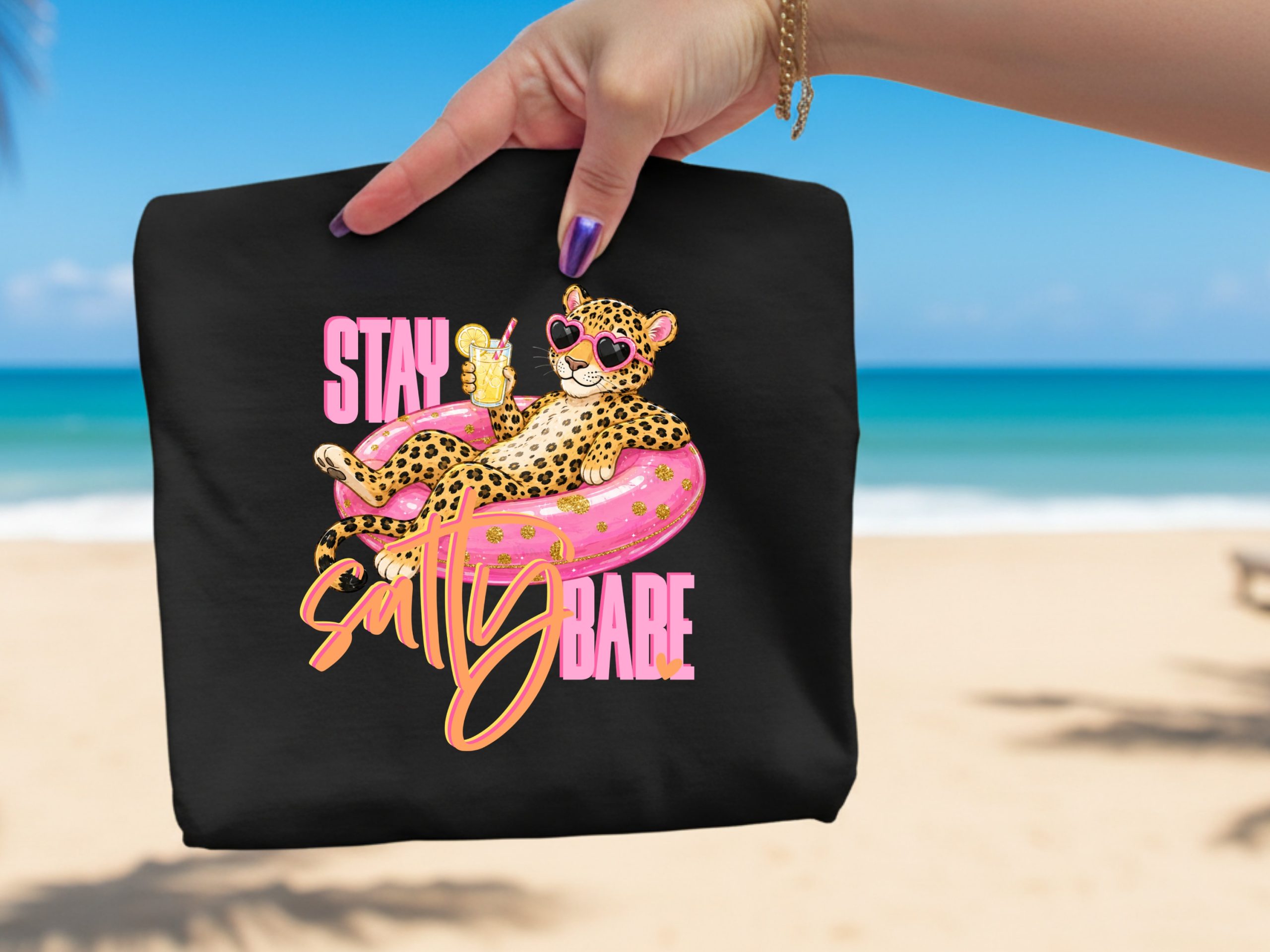 Stay Salty Babe T-Shirt, Sassy Leopard Print Tee, Summer Vacation Shirt for Women, Heart Sunglasses Graphic Beach Top, Fun Pool Party Gift - Image 2