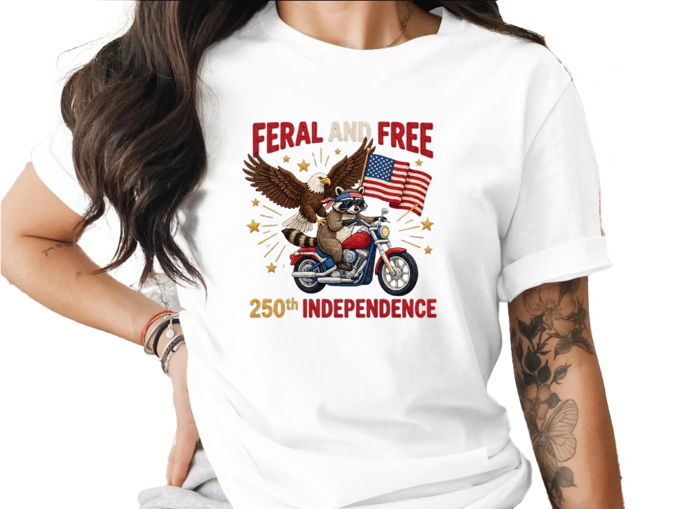 Feral and Free 250th Independence Day T-Shirt, Patriotic Raccoon Eagle Motorcycle Tee, American Flag Biker Freedom Shirt, July 4th Gift