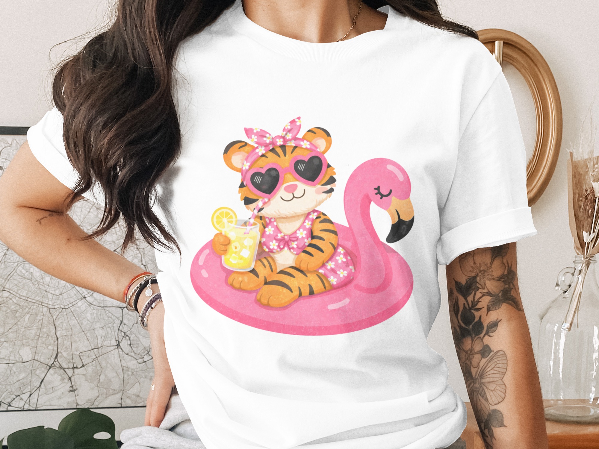 Kawaii Tiger on Flamingo Float T-Shirt