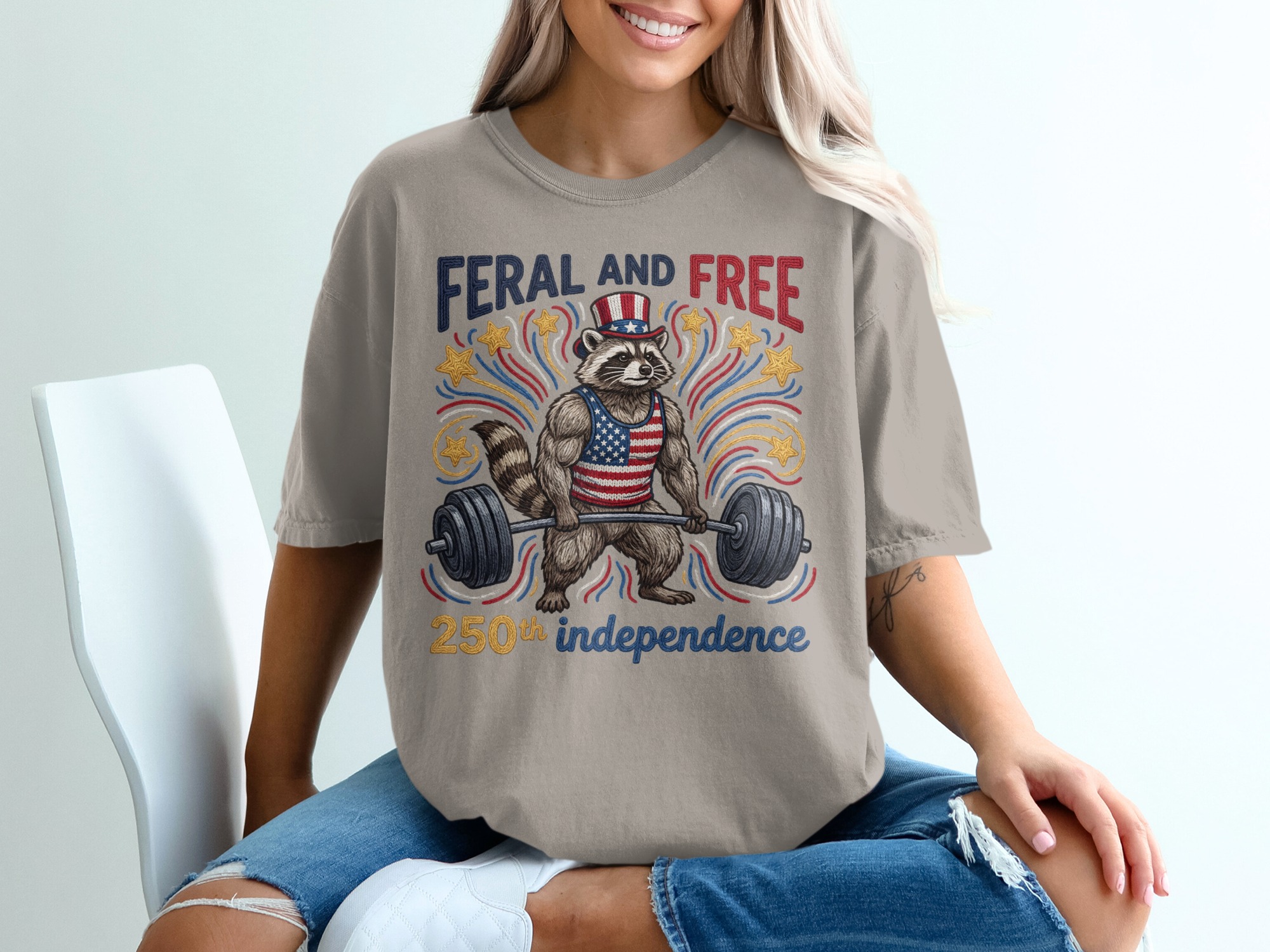 Feral and Free Raccoon T-Shirt, Patriotic Gym Raccoon Tee, 250th Independence Day Shirt, American Flag Weightlifting Shirt - Image 11