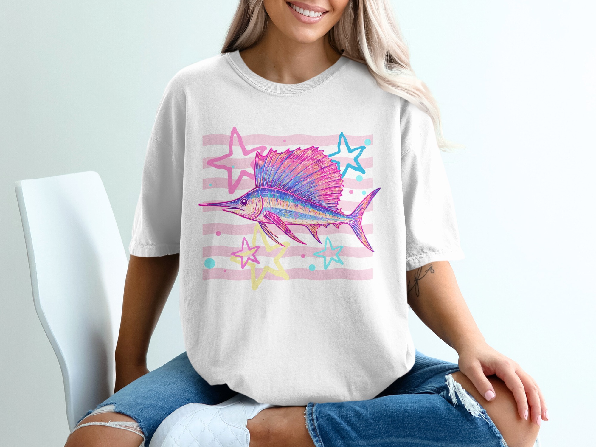 Vibrant Sailfish T-Shirt, Comfort Colors ®, Retro 80s Neon Fishing Shirt, Aesthetic Ocean Marine Life Graphic Tee, Beachy Angler Gift