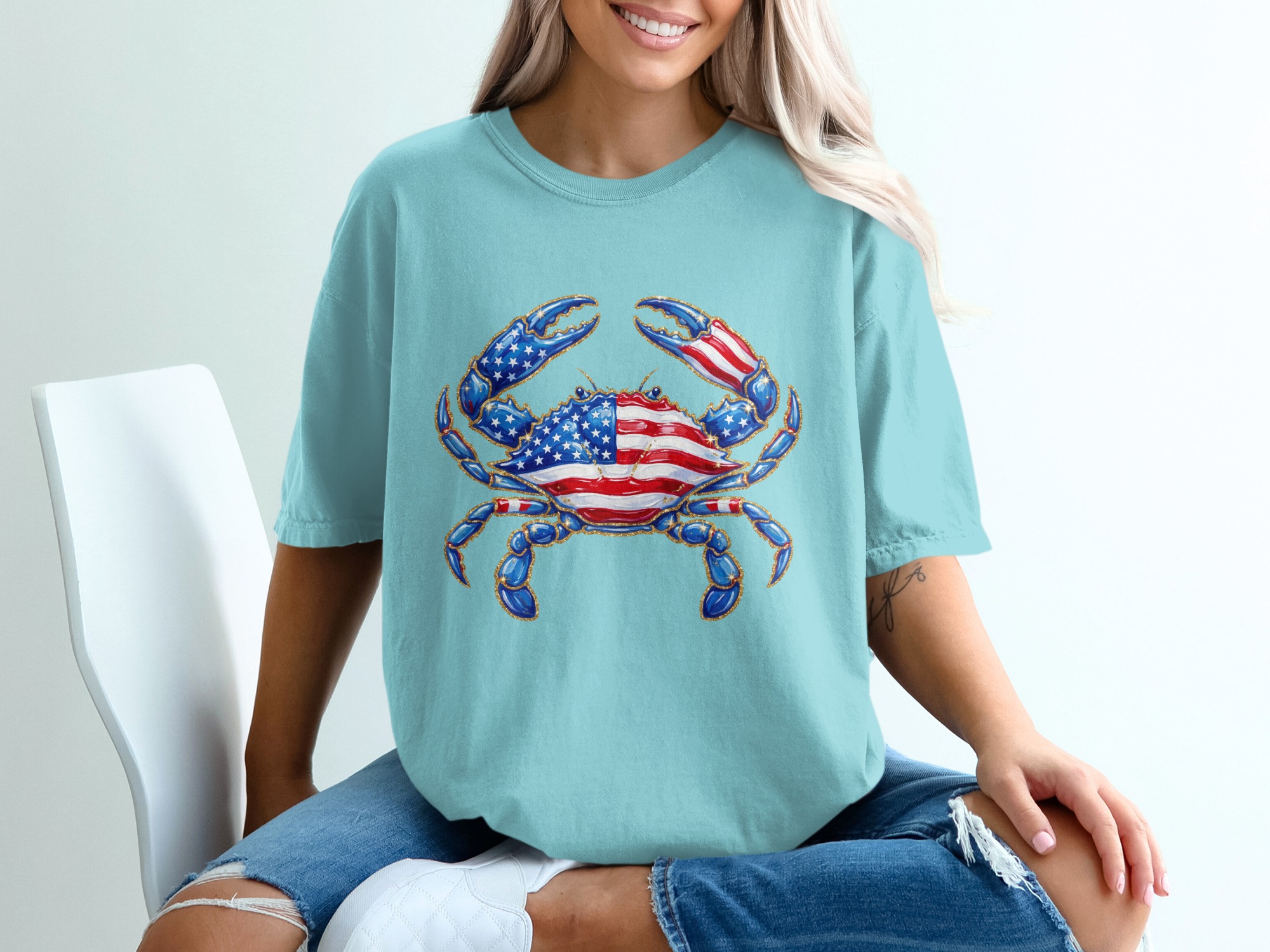Patriotic Crab T-Shirt, American Flag Glitter Effect Crab Tee, Fourth of July Summer Top, USA Pride Coastal Crab Lover Gift - Image 19