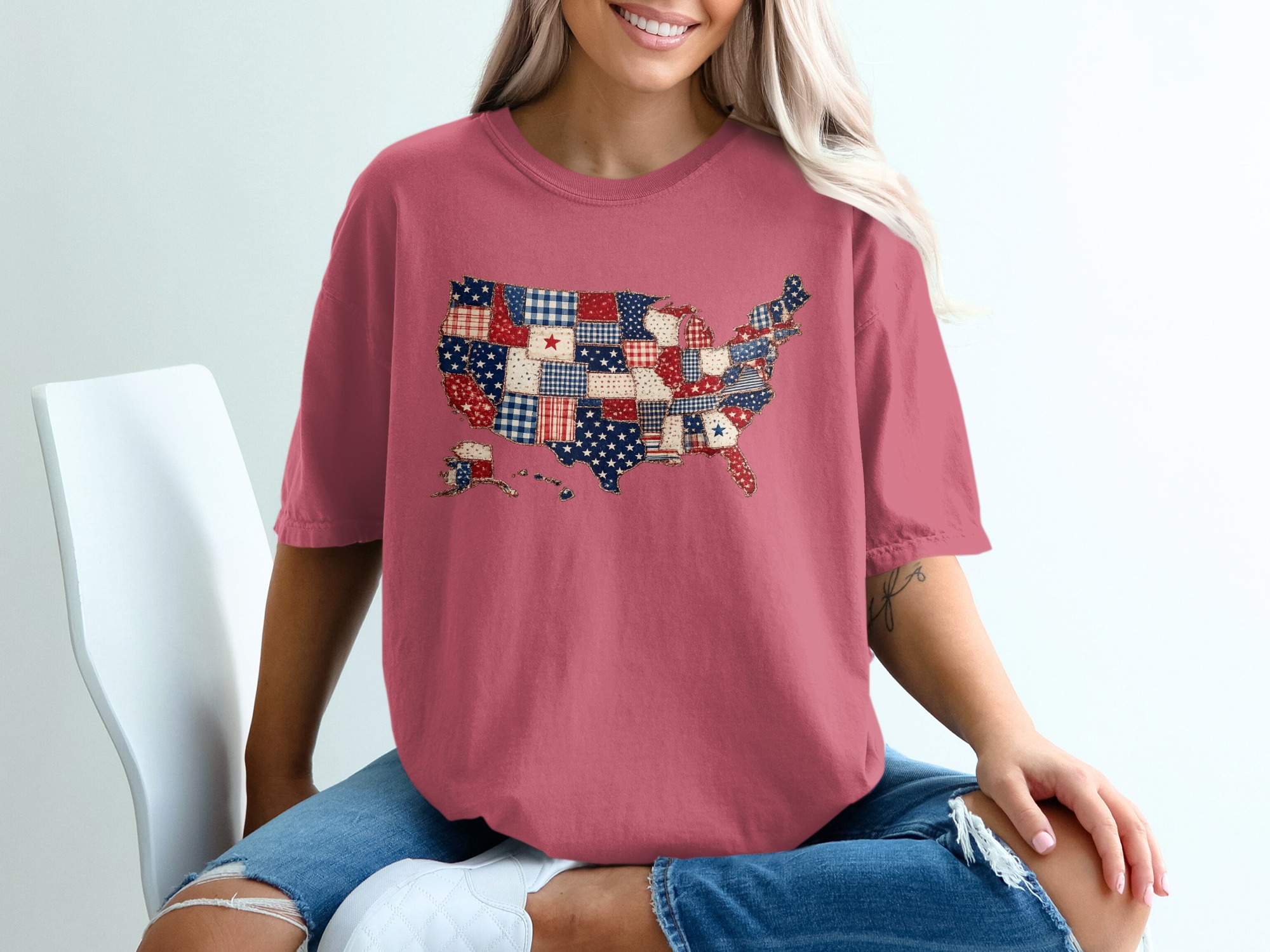 Patriotic USA Map T-Shirt, Americana Quilt Print Tee, Distressed American Flag Shirt, 4th of July Outfit, Veteran Gift Idea - Image 15