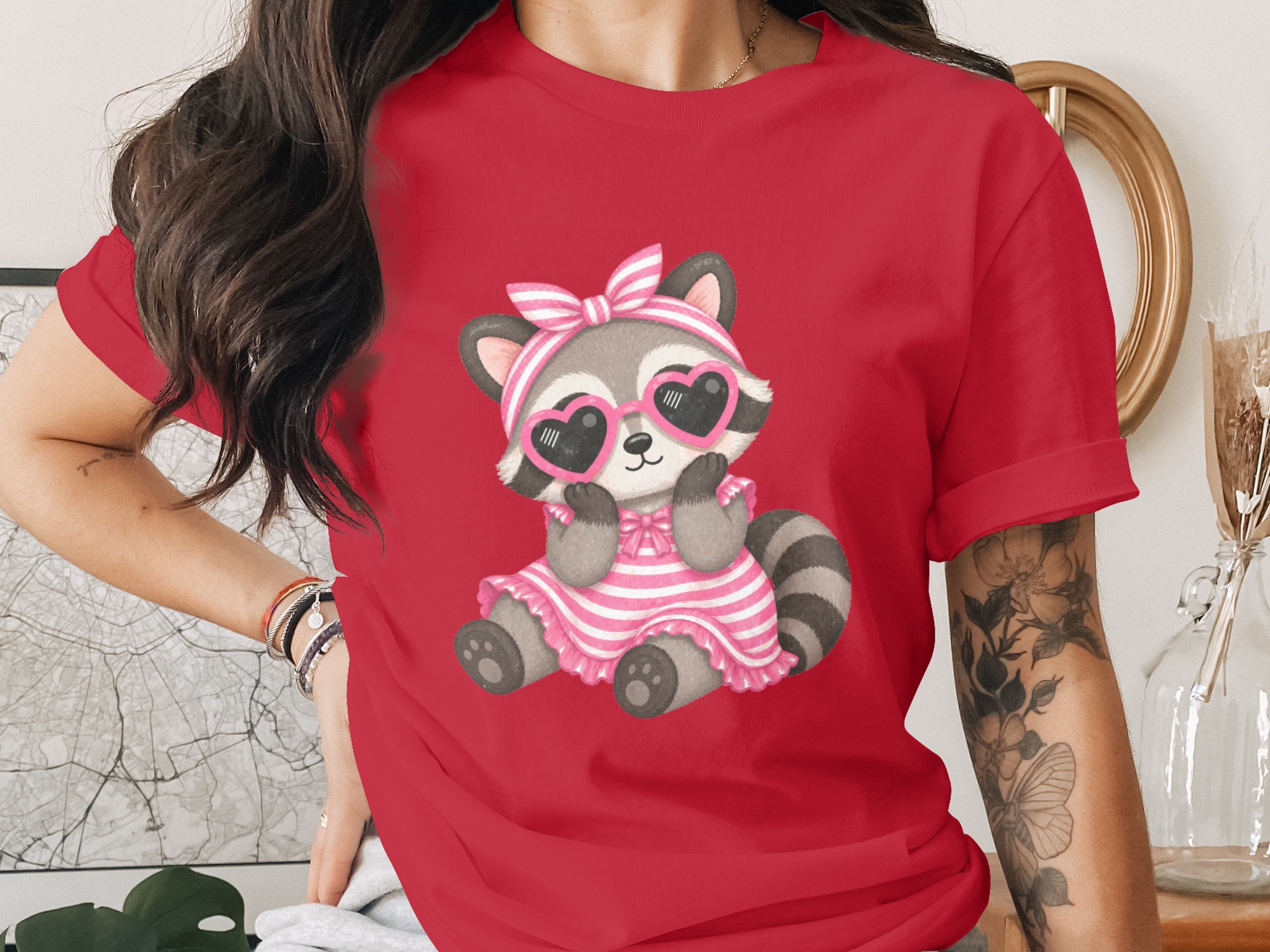 Cute Raccoon Pink Heart Sunglasses T-Shirt - Image 2