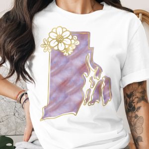 Rhode Island T-Shirt | Boho RI State Tee with Watercolor Floral Faux Gold Print | New England State Pride Gift for Her