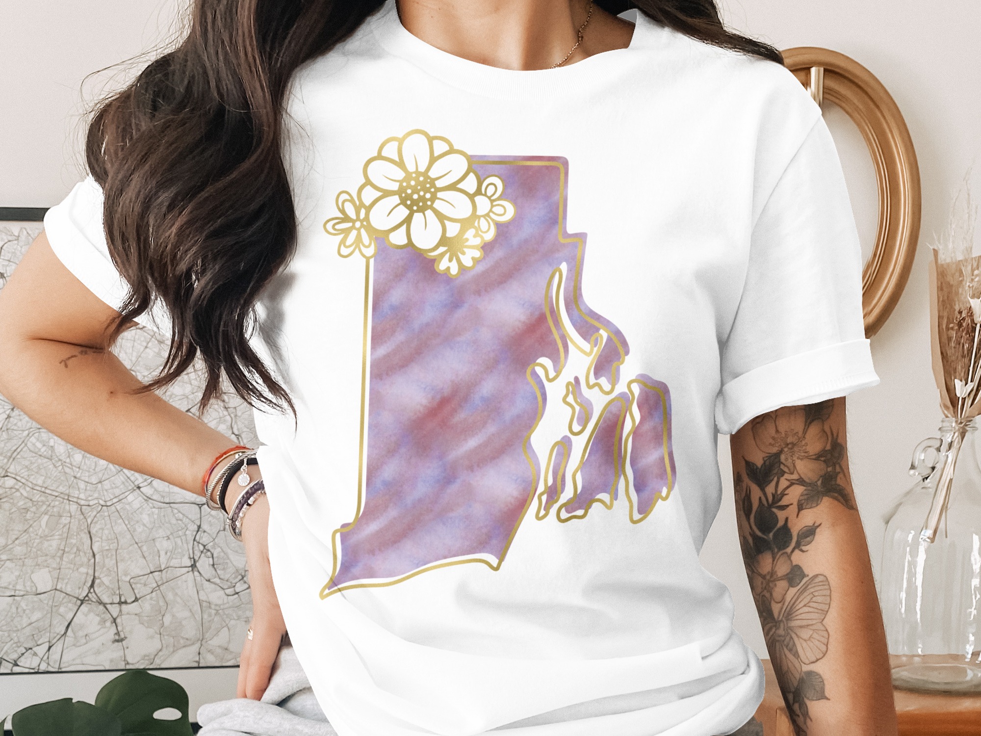 Rhode Island T-Shirt | Boho RI State Tee with Watercolor Floral Faux Gold Print | New England State Pride Gift for Her