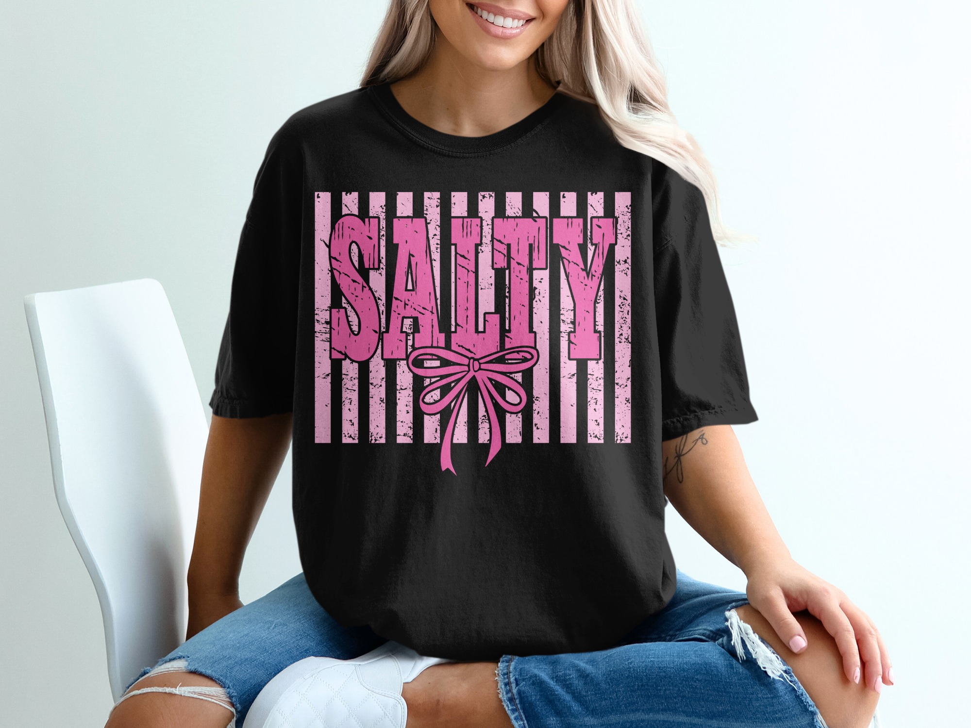 Salty T-Shirt, Pink Salty Tee with Faux Distressed Bow, Sassy Girly Graphic Top, Coquette Aesthetic Shirt, Cute Humorous Gift for Her - Image 8
