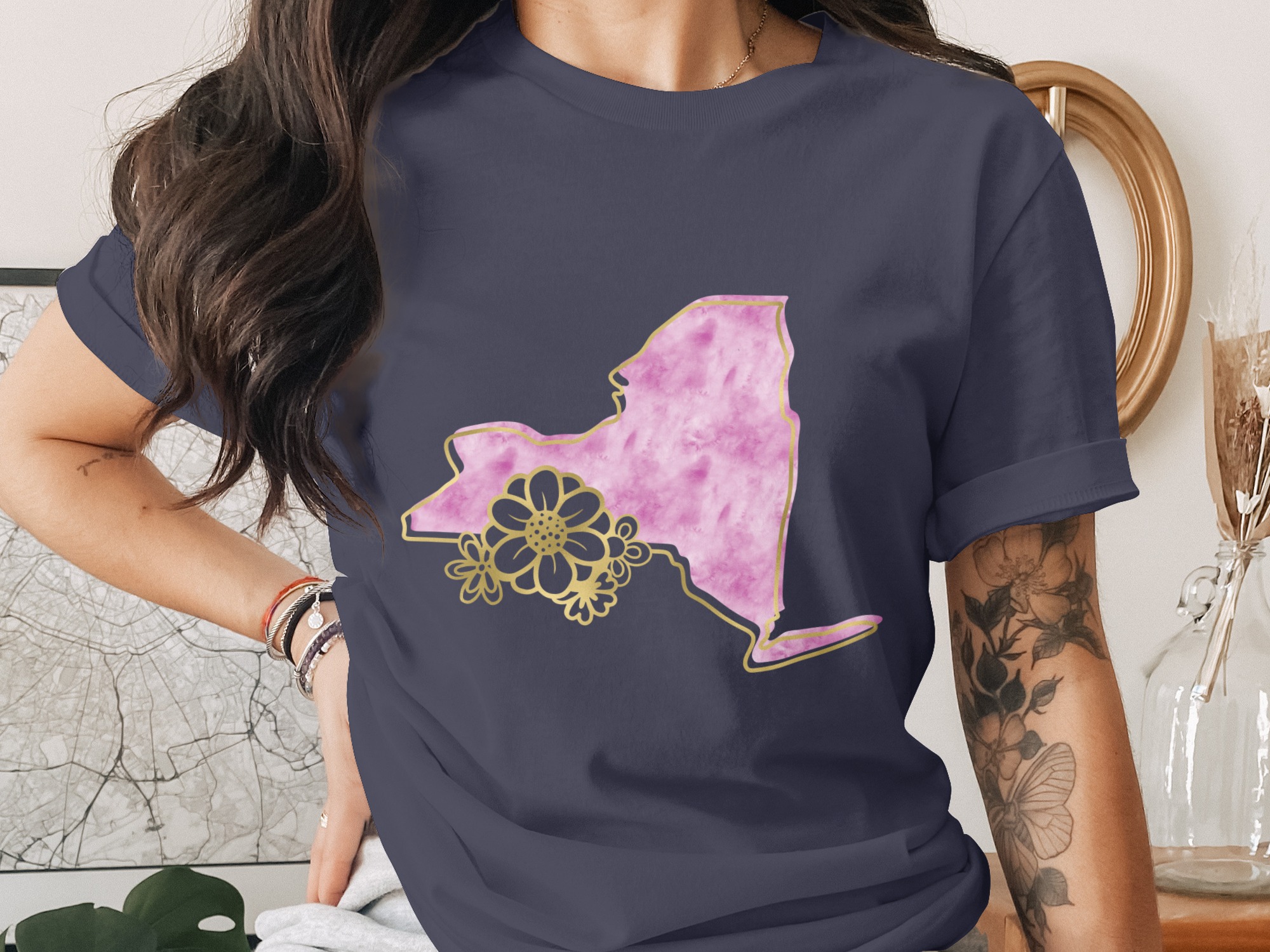 New York State T-Shirt, Pink NY Watercolor Tee with Faux Gold Floral Print, Empire State Girls Trip Gift, NY Lover Outfit - Image 3