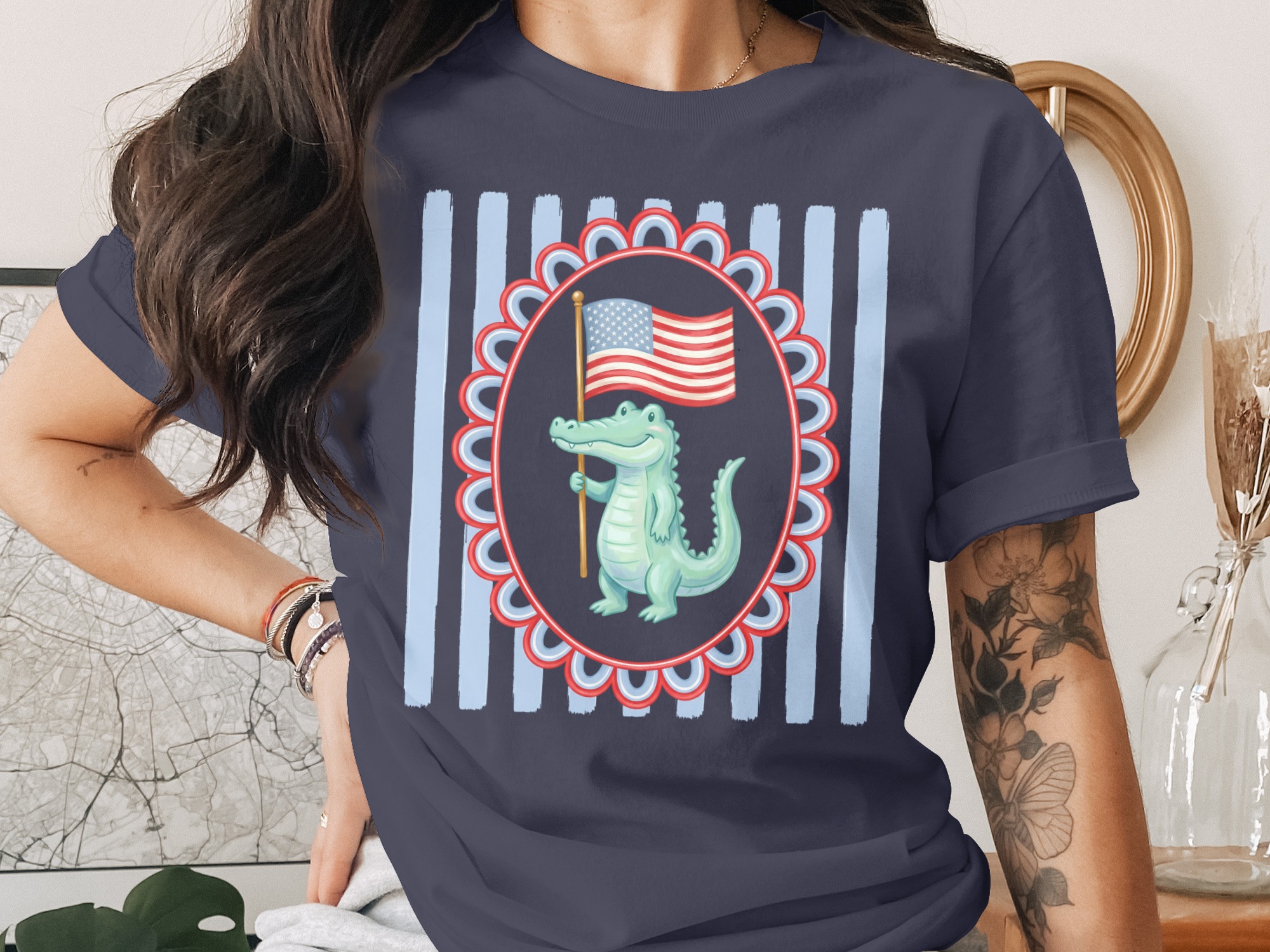 Comfort Colors® Patriotic Alligator T-Shirt, American Flag Crocodile Tee, Cute USA Independence Day Summer Shirt, Southern Style - Image 3