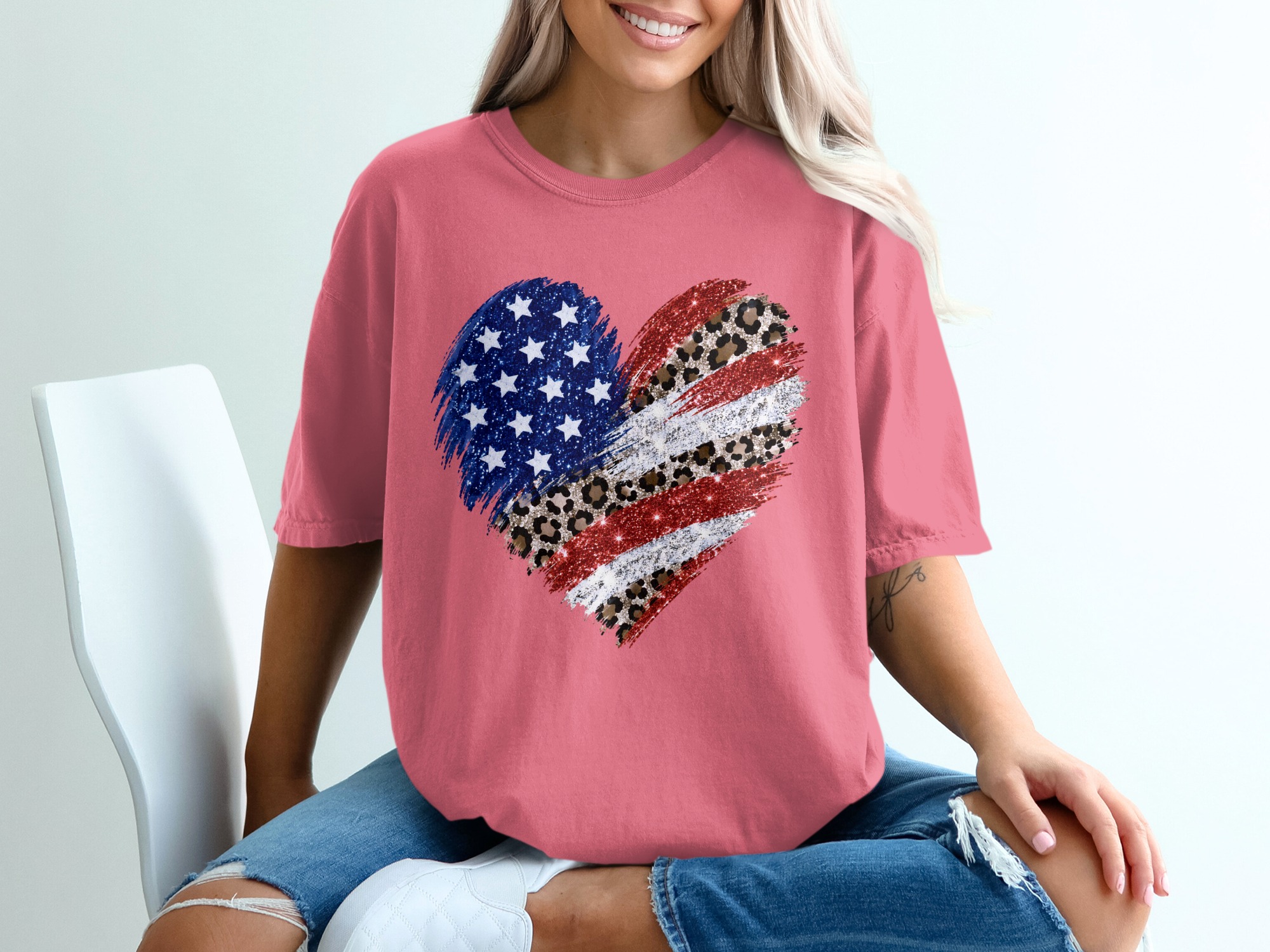 Comfort Colors® Patriotic Leopard Heart T-Shirt, American Flag Glitter Tee, 4th of July Shirt, Memorial Day, USA Pride, Trendy Gift for Her - Image 16