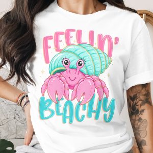 Feelin' Beachy Hermit Crab T-Shirt, Cute Summer Vacation Tee, Kawaii Pink Crab Shirt, Beach Lover Gift, Tropical Girls Trip Top with Faux