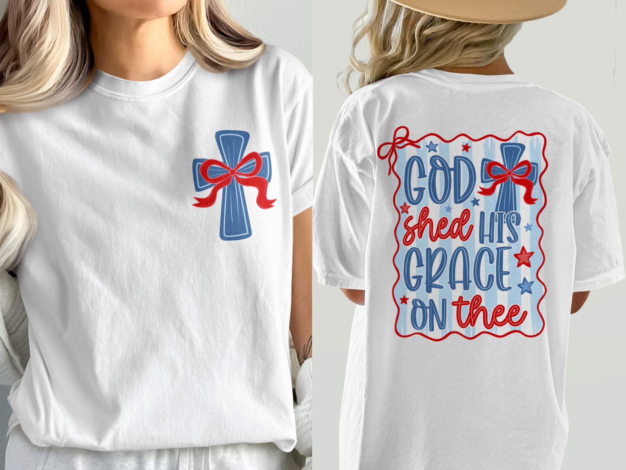 Patriotic Christian T-Shirt, God Shed His Grace Tee, Comfort Colors 1717® Front Back Design, Americana Faith Shirt, USA Cross Tee, Religious