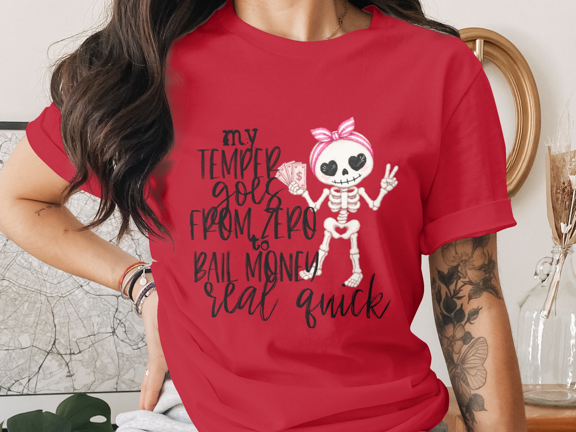 Sassy Skeleton "Bail Money" Quick Temper T-Shirt - Image 2