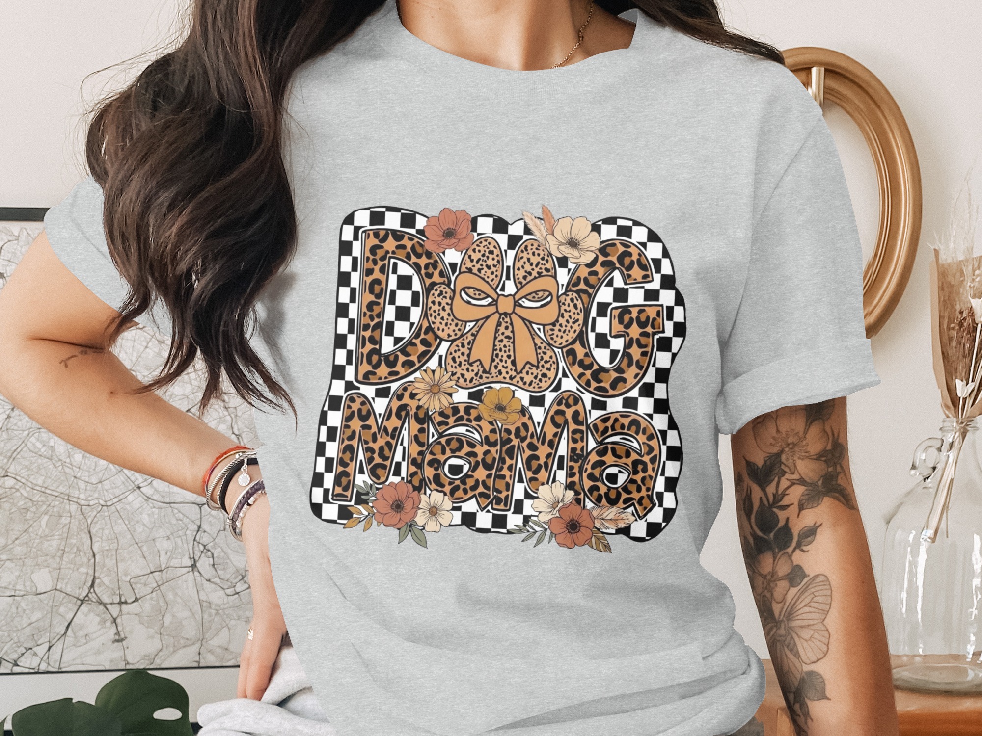 Trendy Dog Mama Leopard Print T-Shirt, Boho Checkered Floral Pet Mom Tee, Animal Lover Gift, Cute Dog Owner Apparel - Image 2