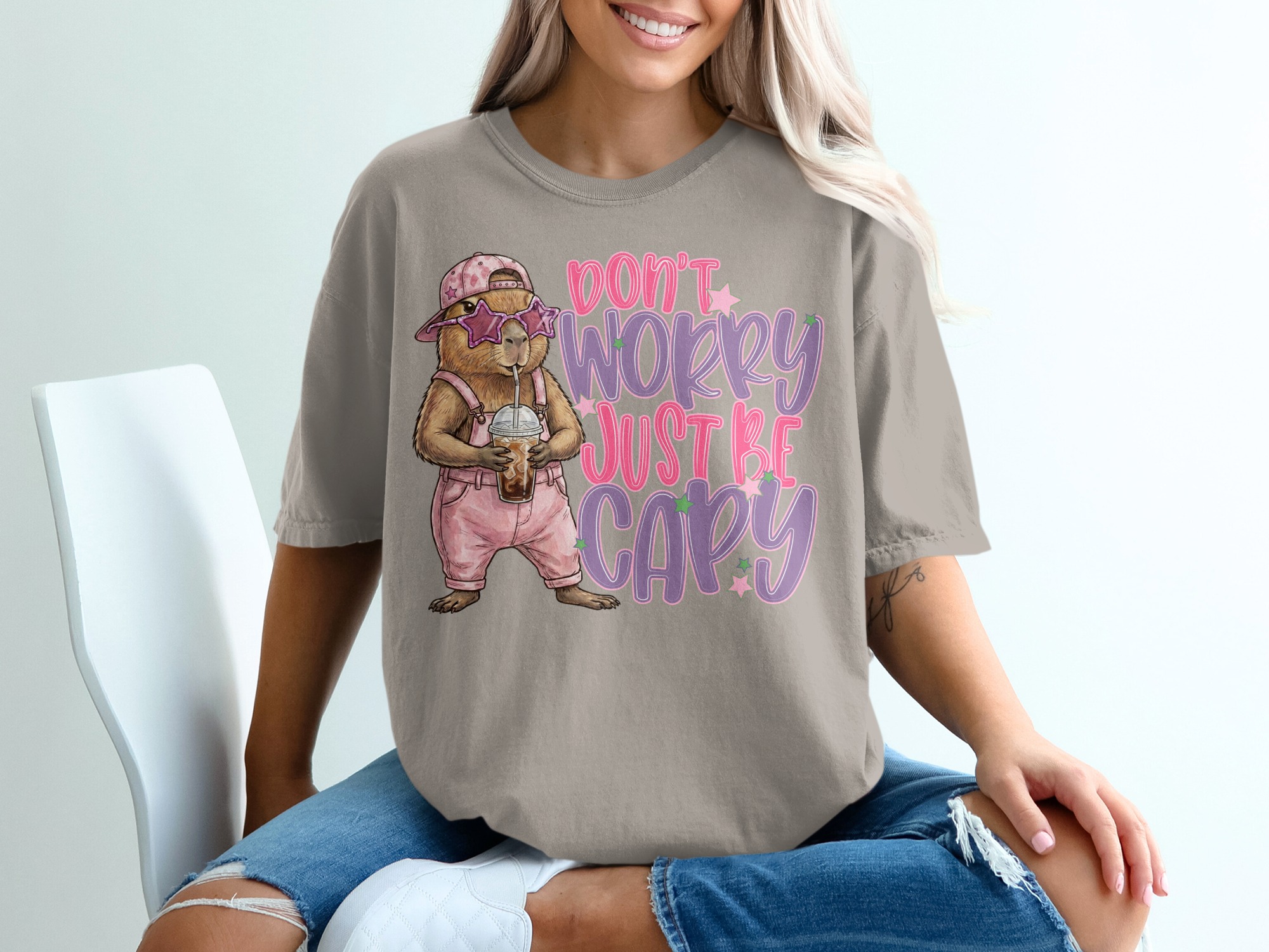 Don't Worry Just Be Capy T-Shirt, Cute Capybara Shirt, Chill Animal Tee, Iced Coffee Lover Gift, Trendy Positive Vibe Apparel - Image 11