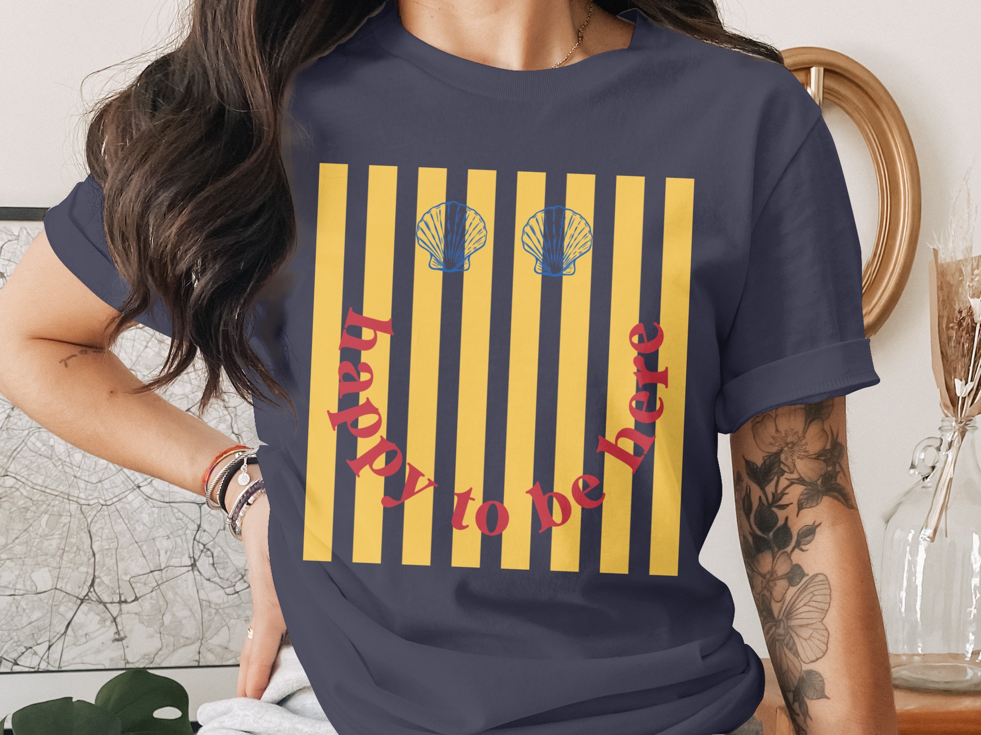 Happy To Be Here T-Shirt, Retro Smiley Face Beach Tee, Seashell Stripe Summer Vacation Shirt, Positive Vibes Graphic Top - Image 3