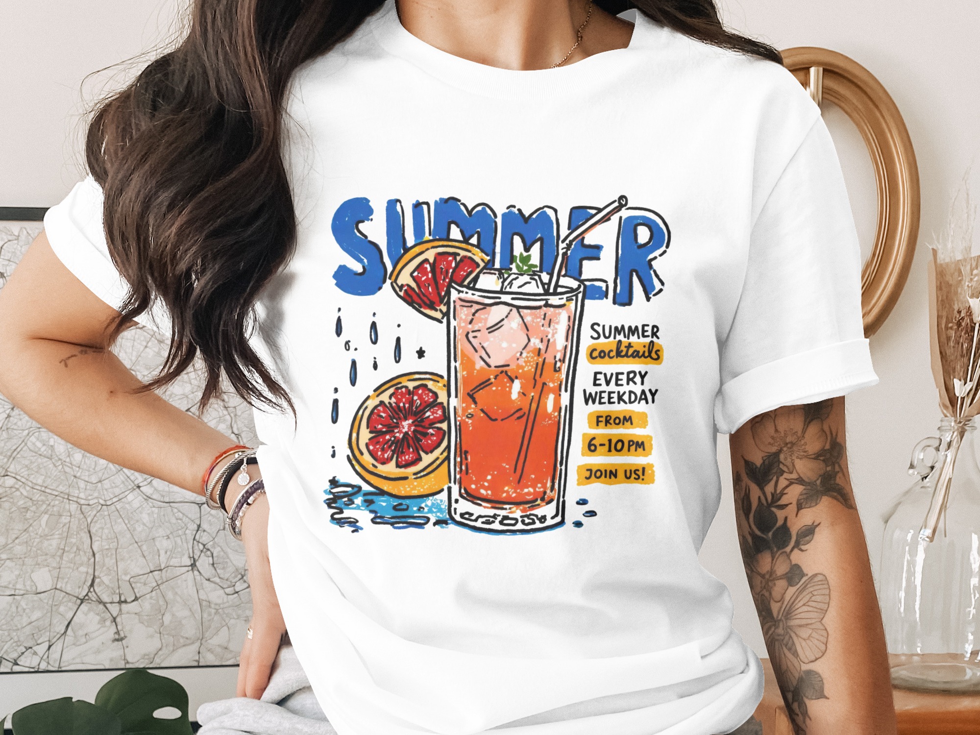 Summer Cocktails T-Shirt, Vibrant Hand-Drawn Drink Tee, Comfort Colors ® Retro Summer Vacation Graphic Shirt, Gift for Her