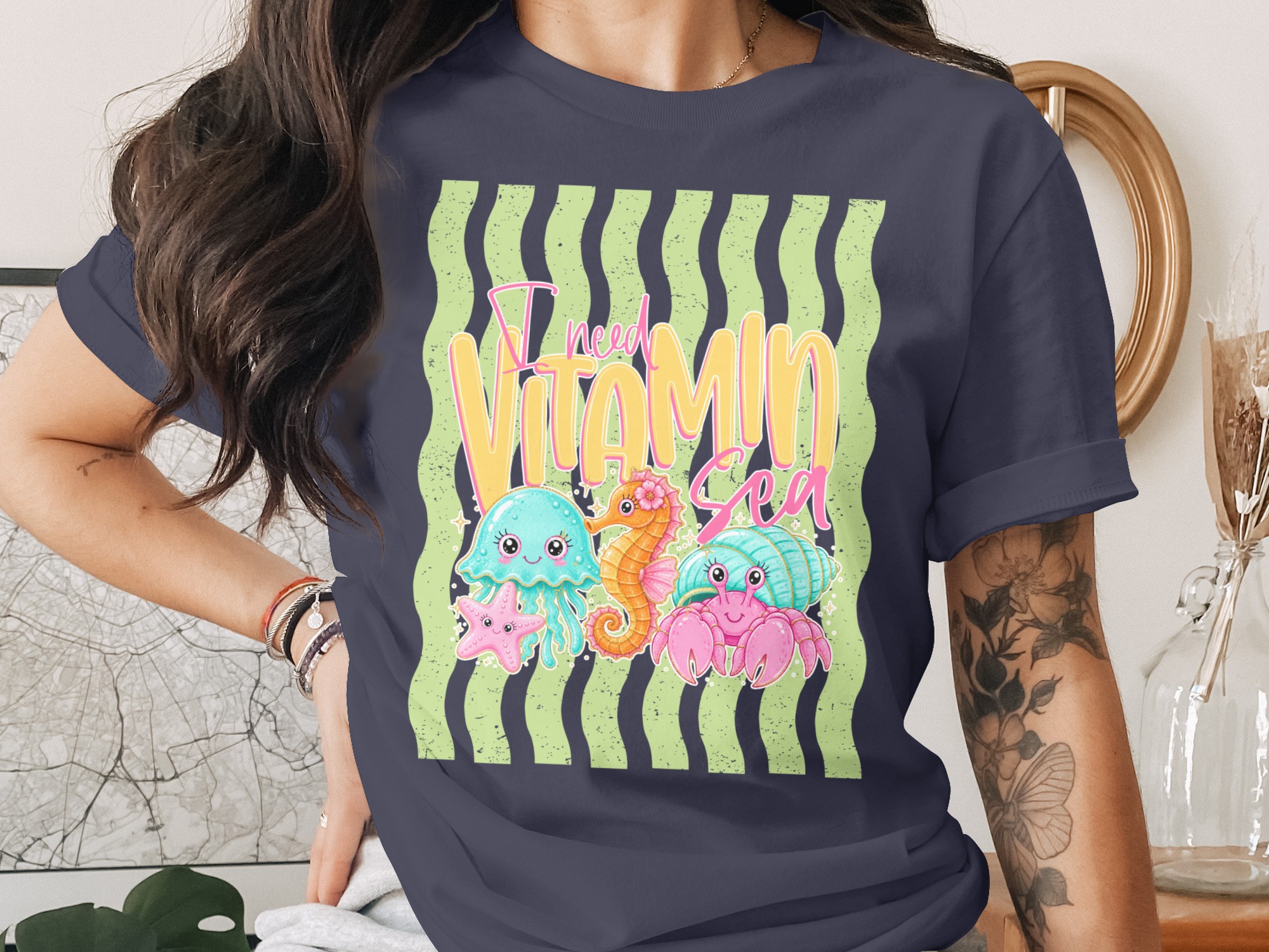Comfort Colors® Vitamin Sea T-Shirt, Cute Ocean Animals Beach Tee, Summer Vacation Shirt, Nautical Crab Seahorse Starfish Jellyfish Gift - Image 3