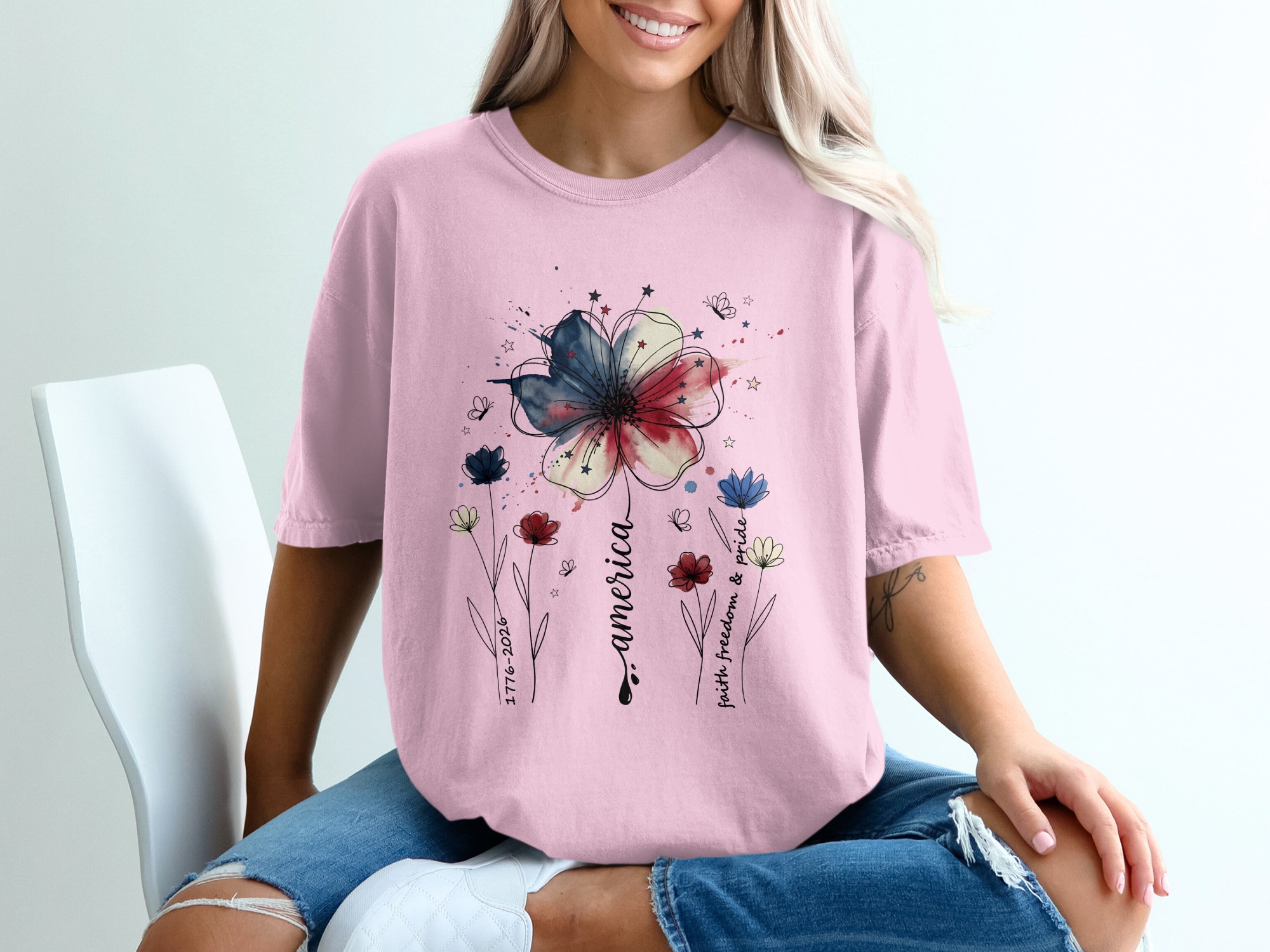 Patriotic Floral America Watercolor T-Shirt | Faith Freedom Pride Shirt | 4th of July Independence Day Tee | American Flag Flower - Image 17