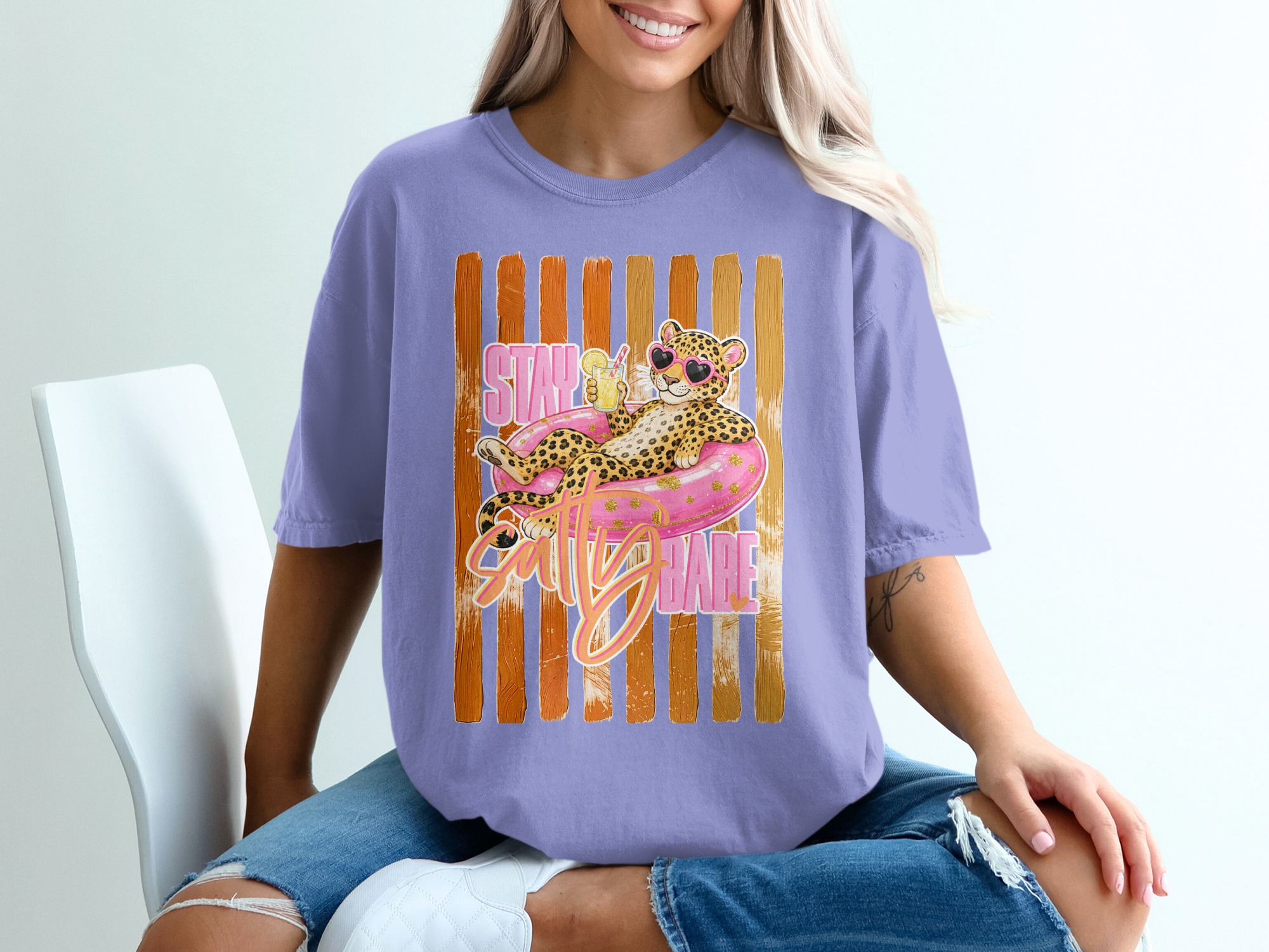 Comfort Colors® Stay Salty Babe T-Shirt, Leopard Print Summer Vacation Tee, Funny Beach Graphic Shirt, Women's Animal Print Gift - Image 18