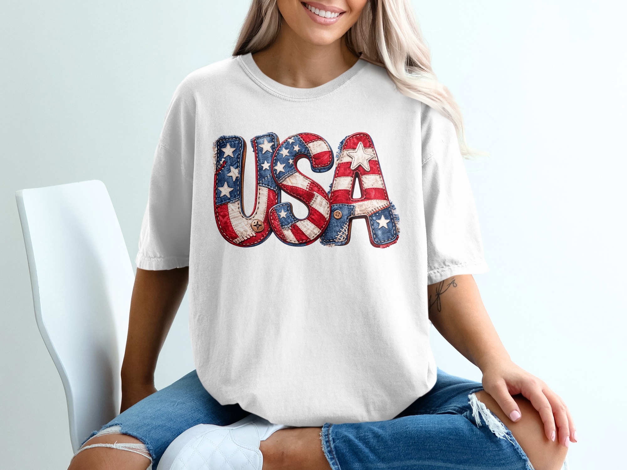 Patriotic USA T-Shirt, Faux Patchwork American Flag Tee, Rustic Country Star Stripes Top, 4th of July Celebration Shirt, Americana Gift - Image 6