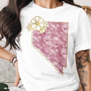Nevada Outline T-Shirt | Pink Watercolor Nevada State Tee with Faux Gold Floral Design | Stylish Nevada Gift for Her, Travel Souvenir