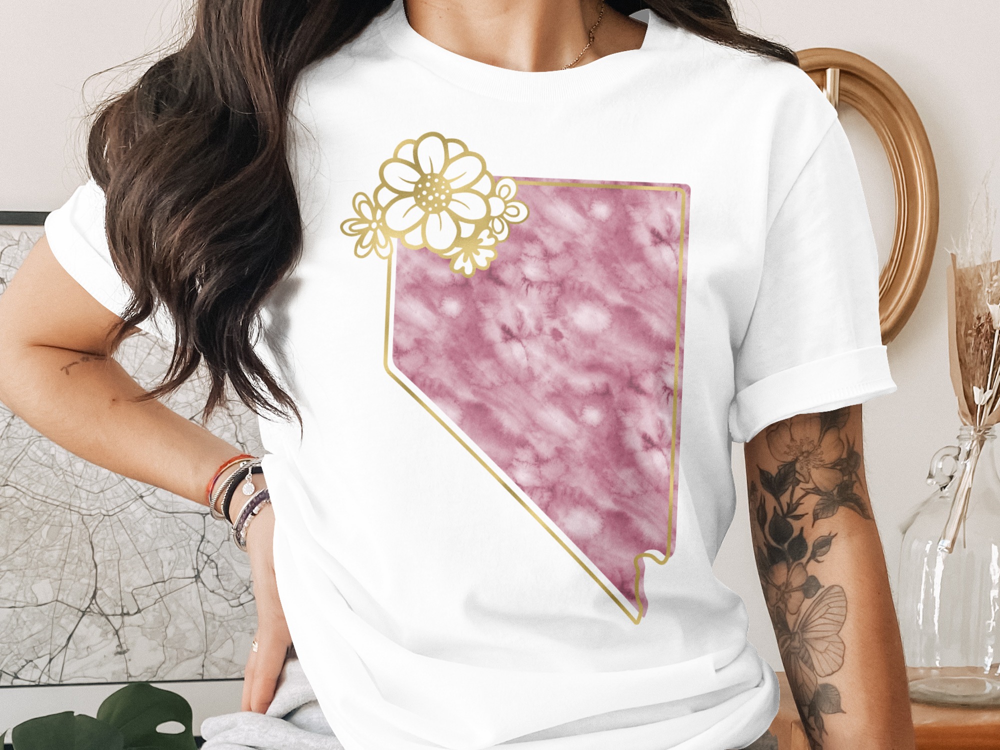 Nevada Outline T-Shirt | Pink Watercolor Nevada State Tee with Faux Gold Floral Design | Stylish Nevada Gift for Her, Travel Souvenir