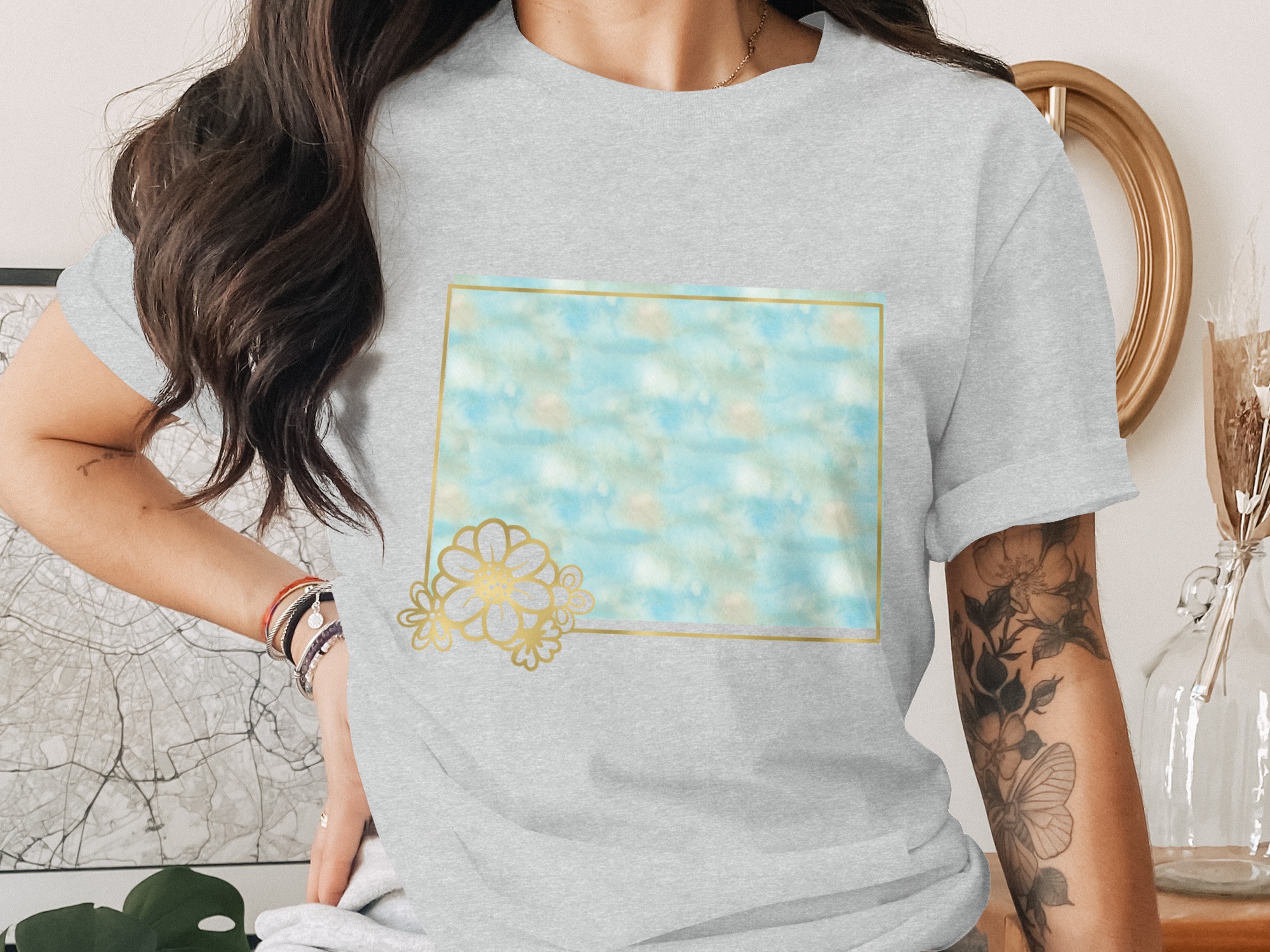 Watercolor Floral T-Shirt, Faux Gold Effect Flower Tee, Boho Aesthetic Women's Top, Artistic Gilded Graphic Print Shirt Gift