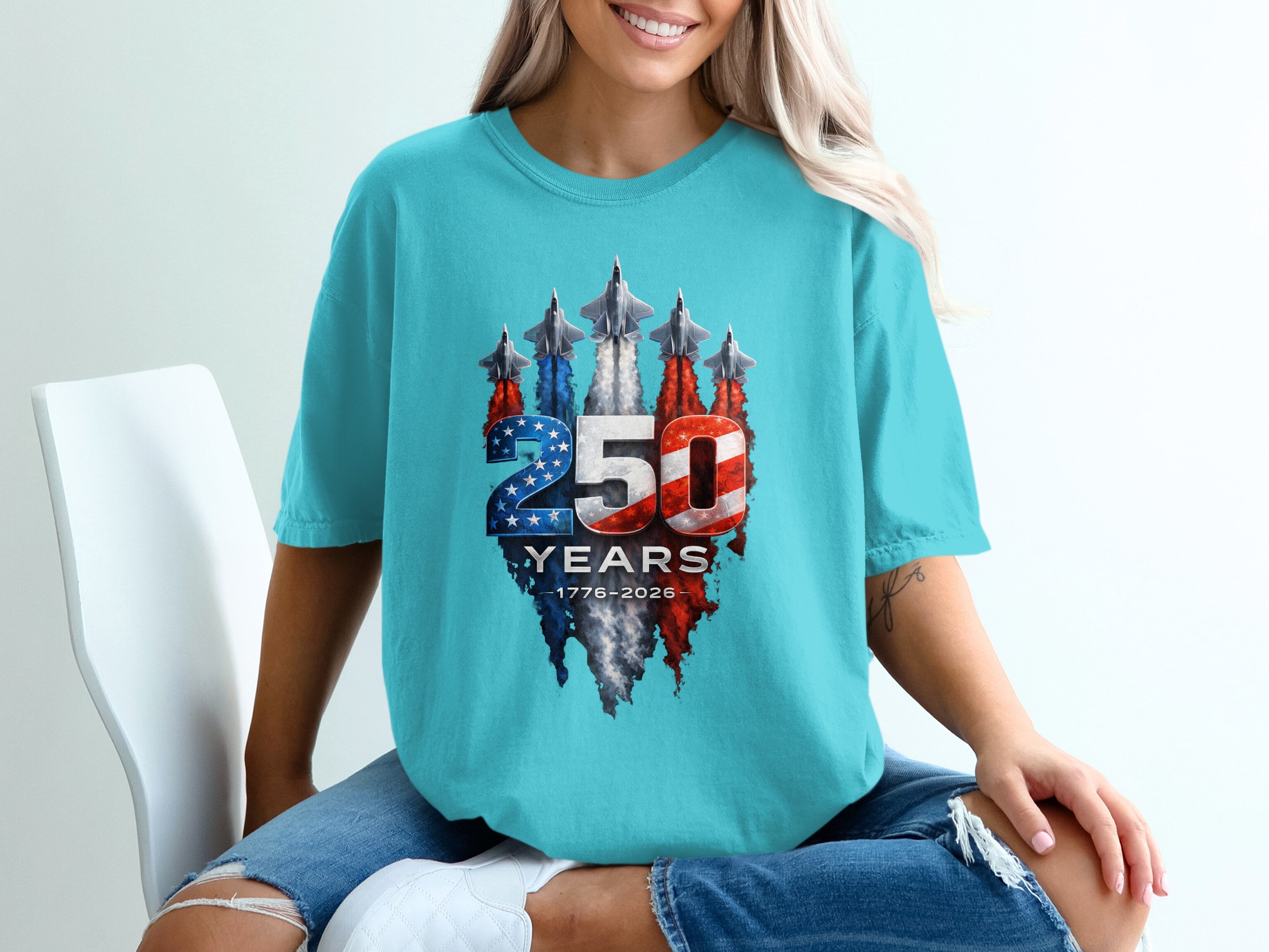 250 Years American Anniversary T-Shirt | Patriotic USA 1776-2026 Celebration Tee | Military Jet Flag Design Gift - Image 9