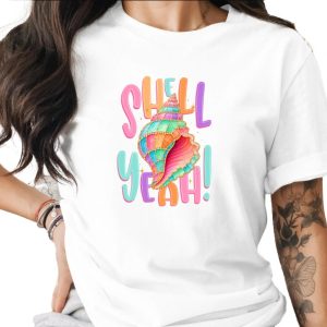 Shell Yeah T-Shirt, Funny Seashell Shirt, Pastel Ocean Beach Tee, Cute Vacation Top, Mermaid Core Style Gift for Her