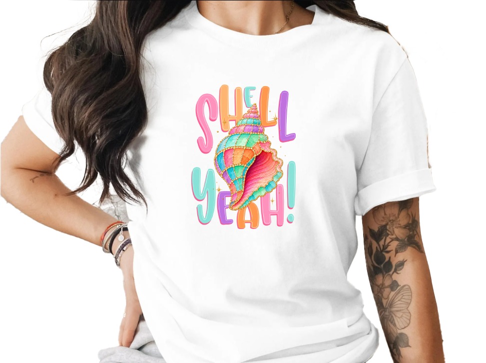 Shell Yeah T-Shirt, Funny Seashell Shirt, Pastel Ocean Beach Tee, Cute Vacation Top, Mermaid Core Style Gift for Her