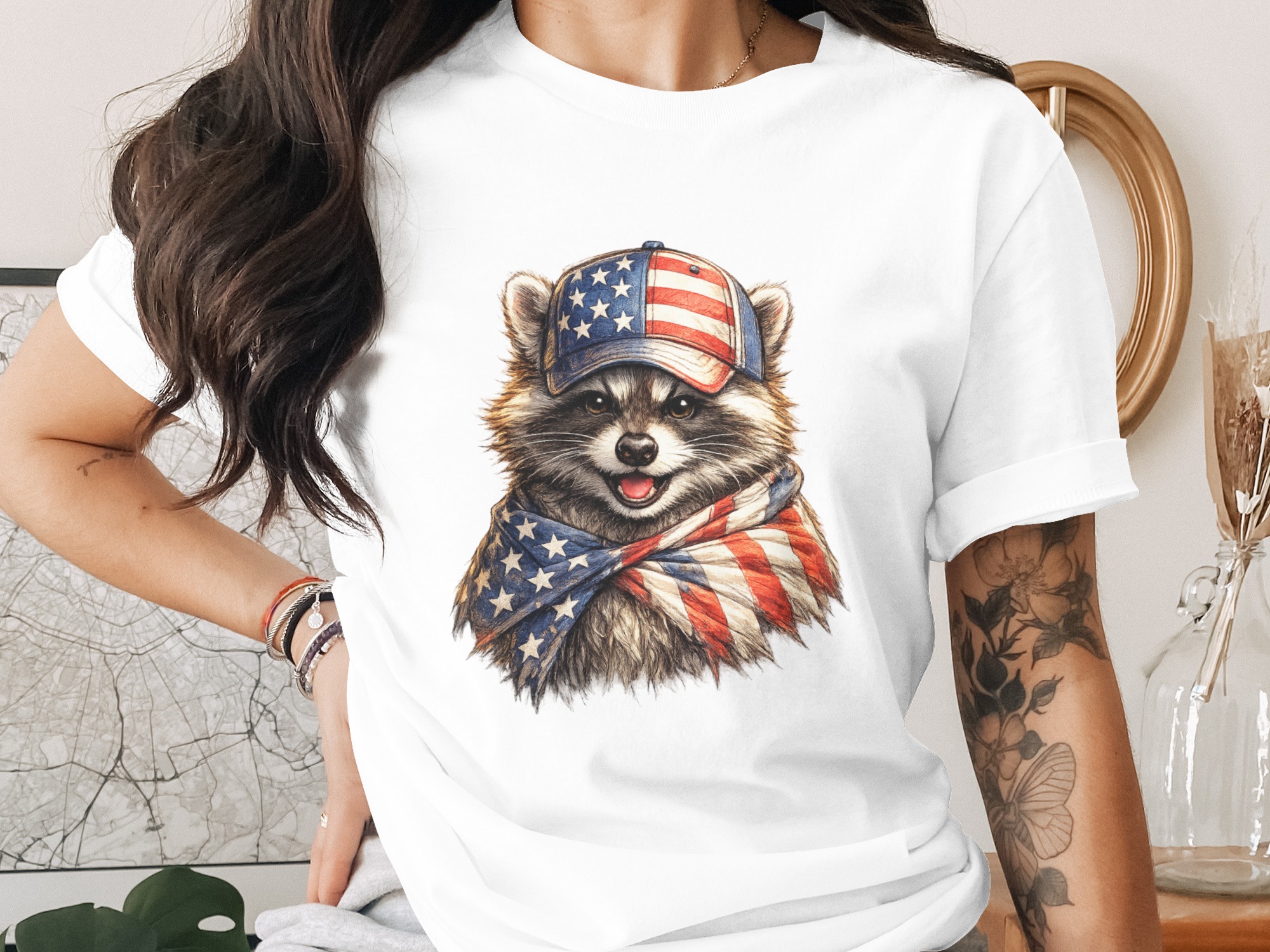 Patriotic Raccoon T-Shirt - American Flag Design