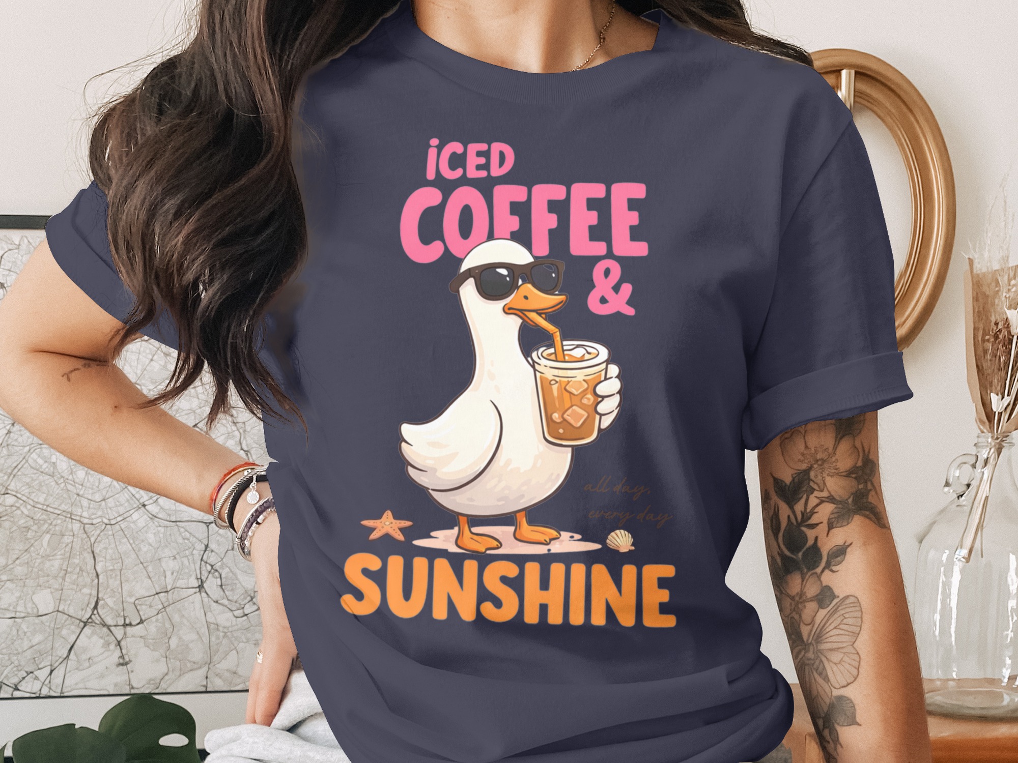 Iced Coffee & Sunshine Goose T-Shirt, Cute Summer Beach Vibe Coffee Lover Graphic Tee, Relaxed Vacation Gift Idea - Image 2