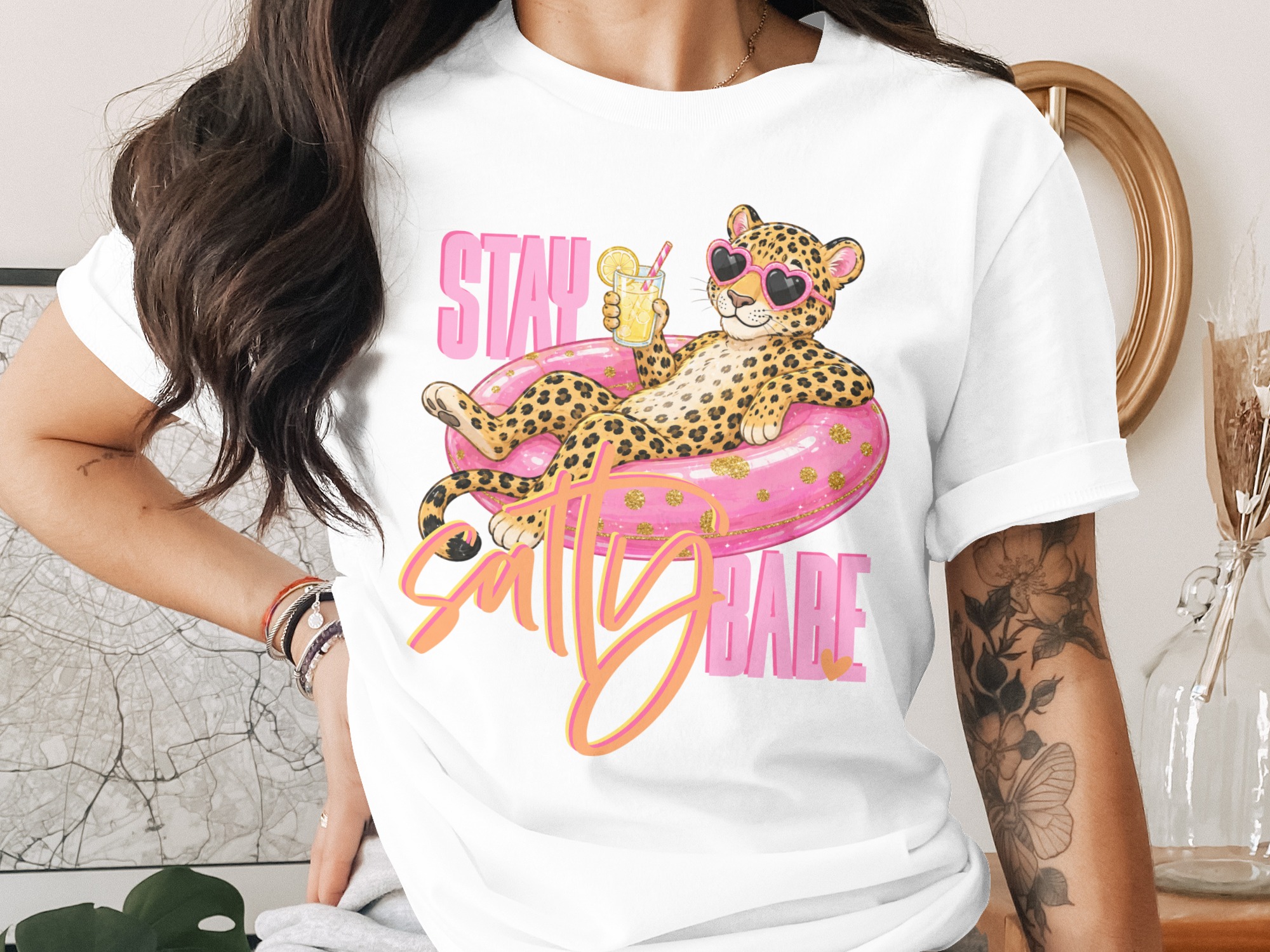 Stay Salty Babe T-Shirt, Sassy Leopard Print Tee, Summer Vacation Shirt for Women, Heart Sunglasses Graphic Beach Top, Fun Pool Party Gift