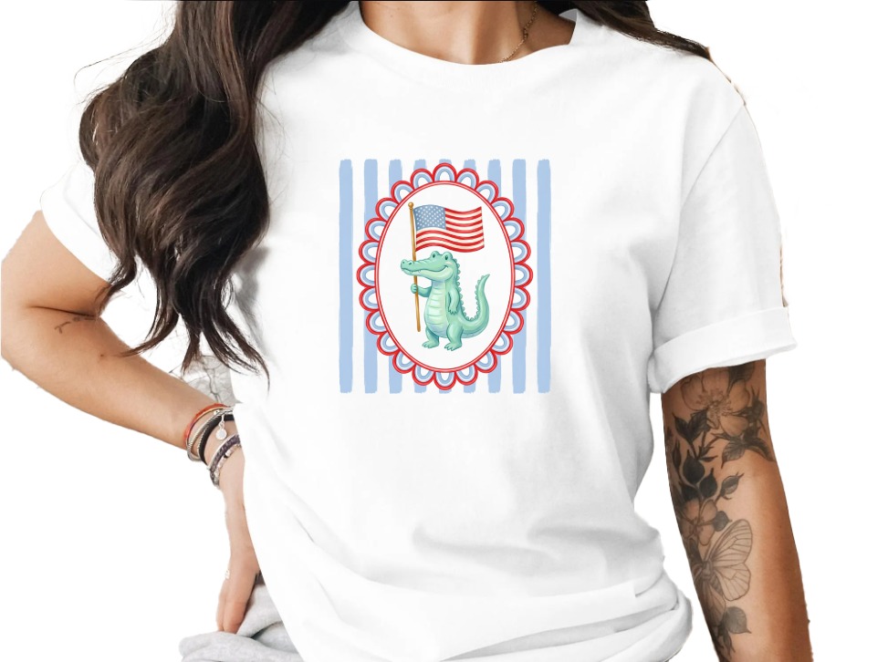Comfort Colors® Patriotic Alligator T-Shirt, American Flag Crocodile Tee, Cute USA Independence Day Summer Shirt, Southern Style