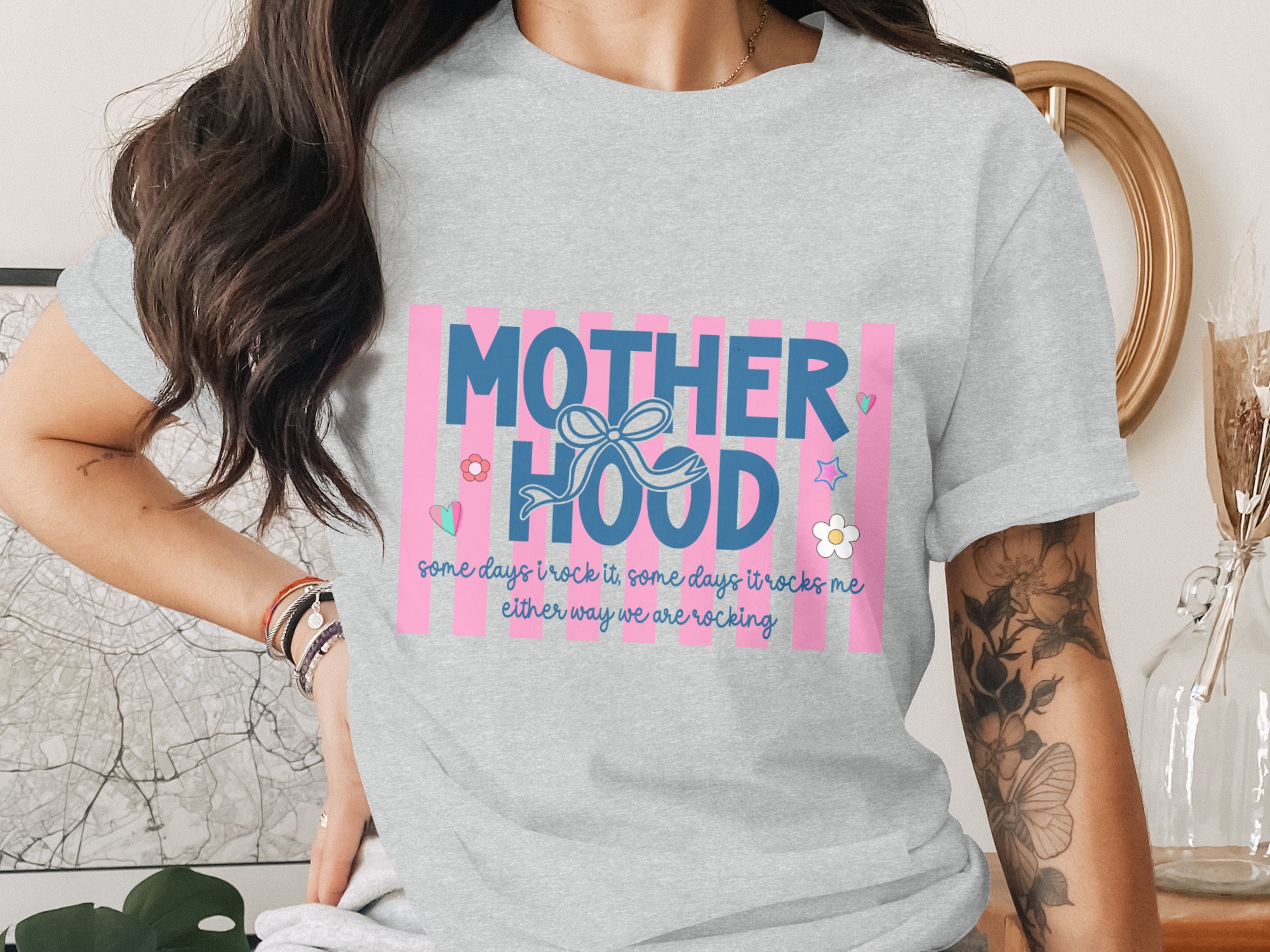 Rocking Motherhood T-Shirt, Funny Mom Life Tee, New Mama Gift, Empowered Mother Quote Shirt, Striped Mama Top, Mother's Day Gift for Her - Image 2