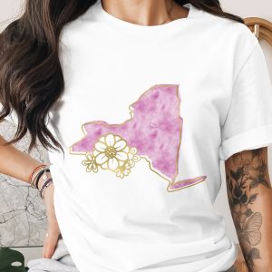 New York State T-Shirt, Pink NY Watercolor Tee with Faux Gold Floral Print, Empire State Girls Trip Gift, NY Lover Outfit