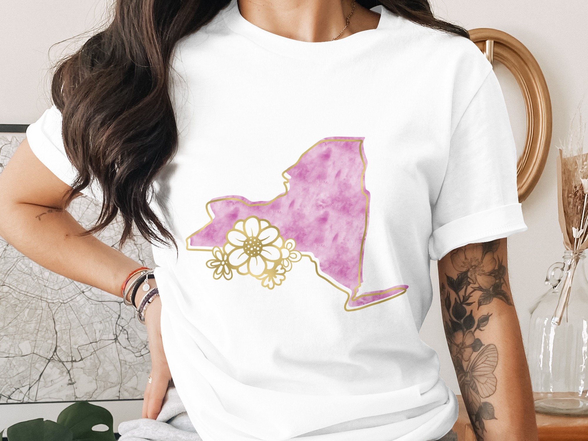 New York State T-Shirt, Pink NY Watercolor Tee with Faux Gold Floral Print, Empire State Girls Trip Gift, NY Lover Outfit